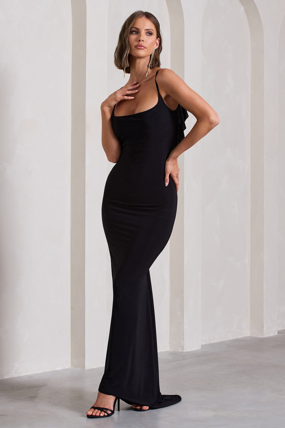 Flute Black Bodycon Maxi Dress With Ruched Ruffled Back Club L