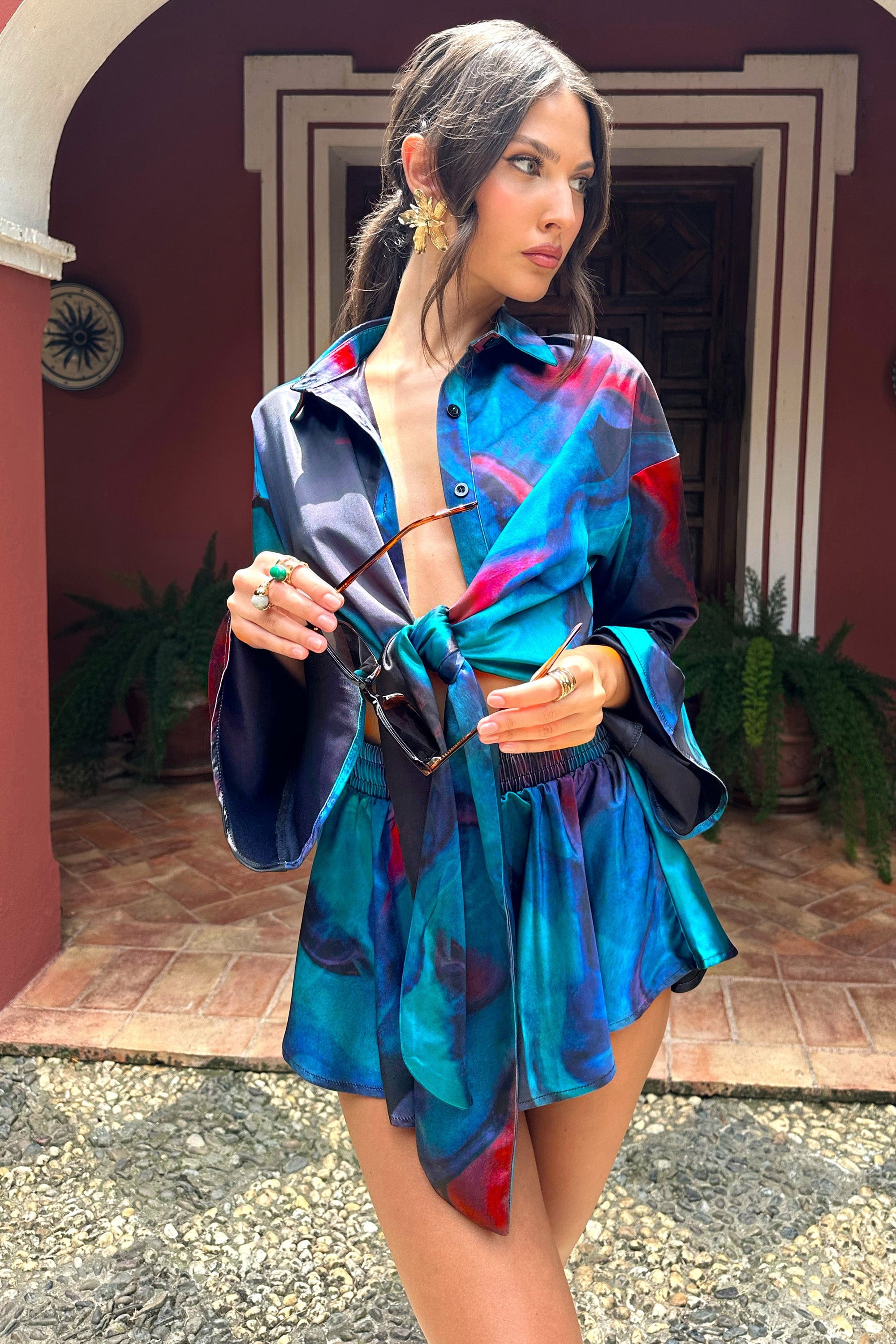 Keep Trying | Blue Print Satin Tie Waist Shorts - Club L London - AUS