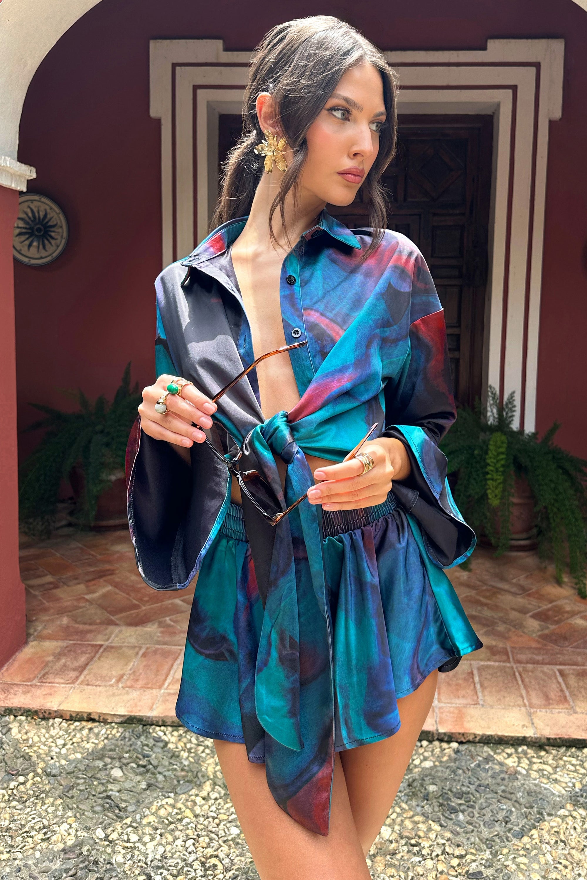 Marisela | Blue Print Satin Flared Sleeve Cropped  Shirt - Club L London - AUS