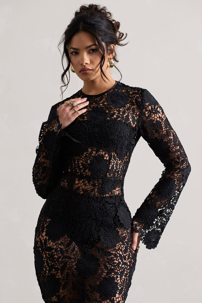 Scandal Black Lace Long Sleeved Midi Dress Club L London AUS