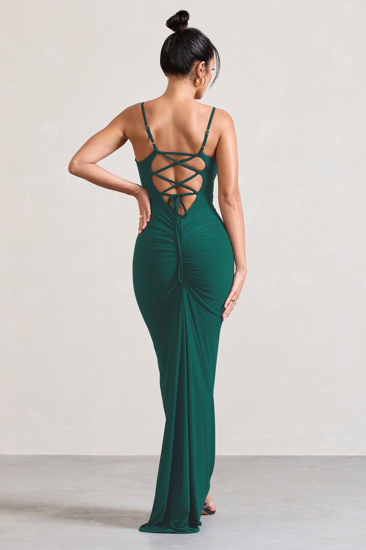 Camera One Bottle Green Strappy Laced Bodycon Maxi Dress Club L London AUS