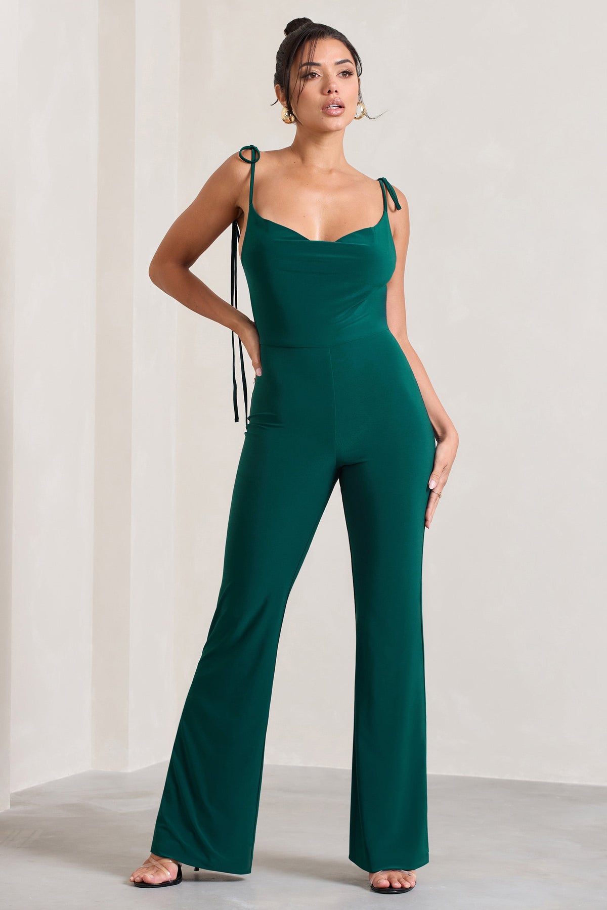 Pose Bottle Green Cowl-Neck Strappy flared-Leg Jumpsuit – Club L London ...