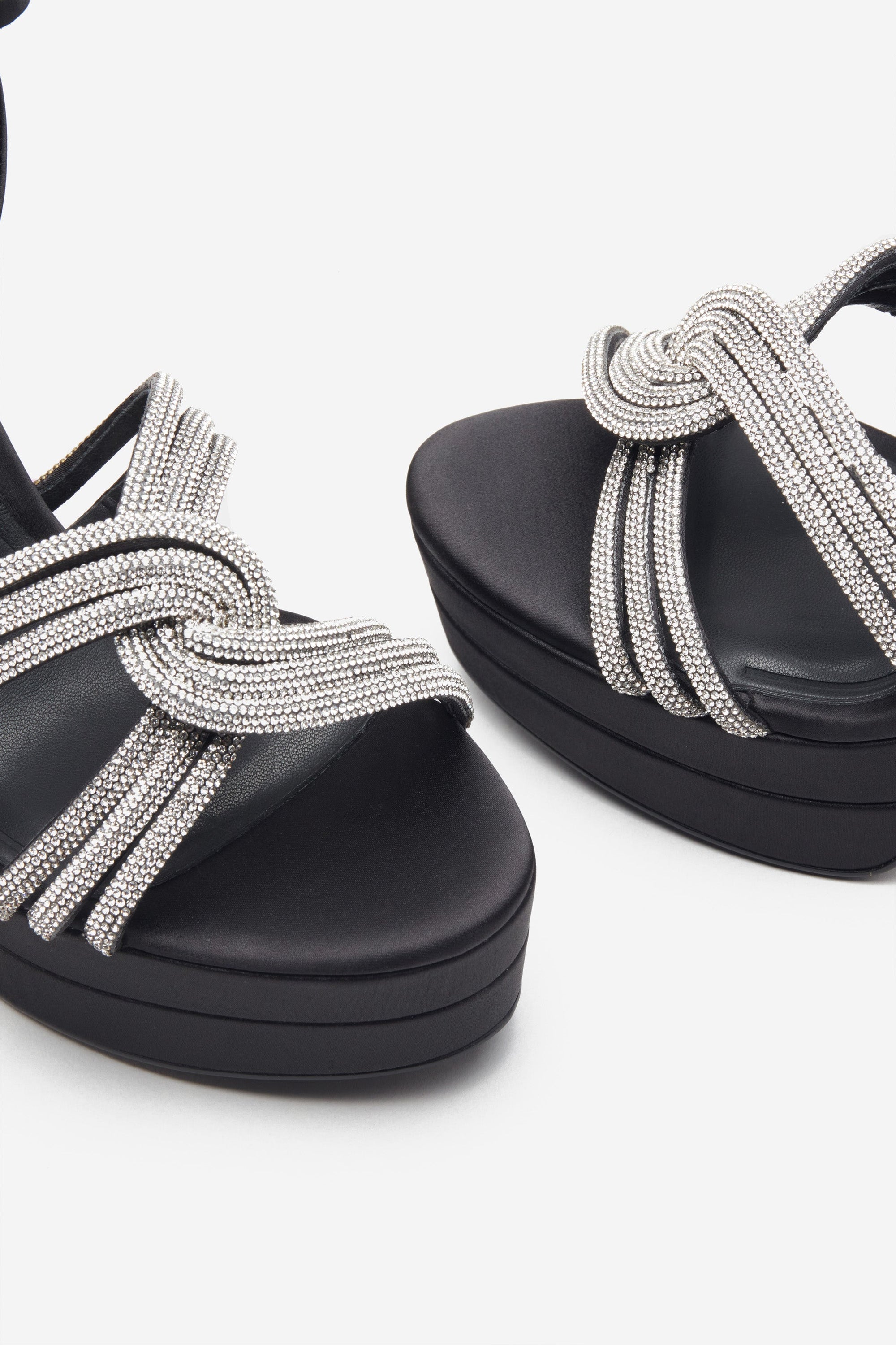 Doll Drama | Black Satin Diamante Strappy Platform Heels - Club L London - AUS