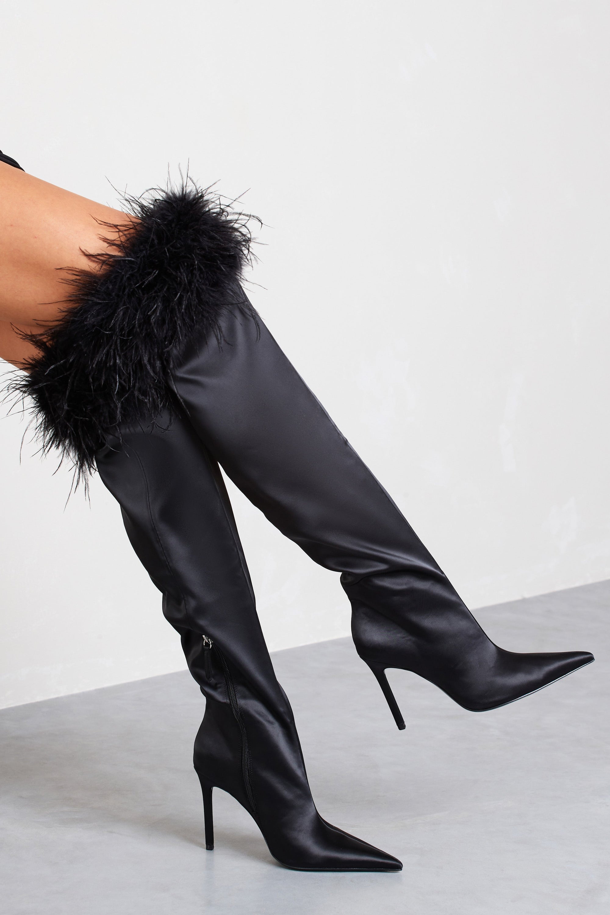 Soho | Black Satin Pointed Heeled Boots With Feather Trims - Club L London - AUS