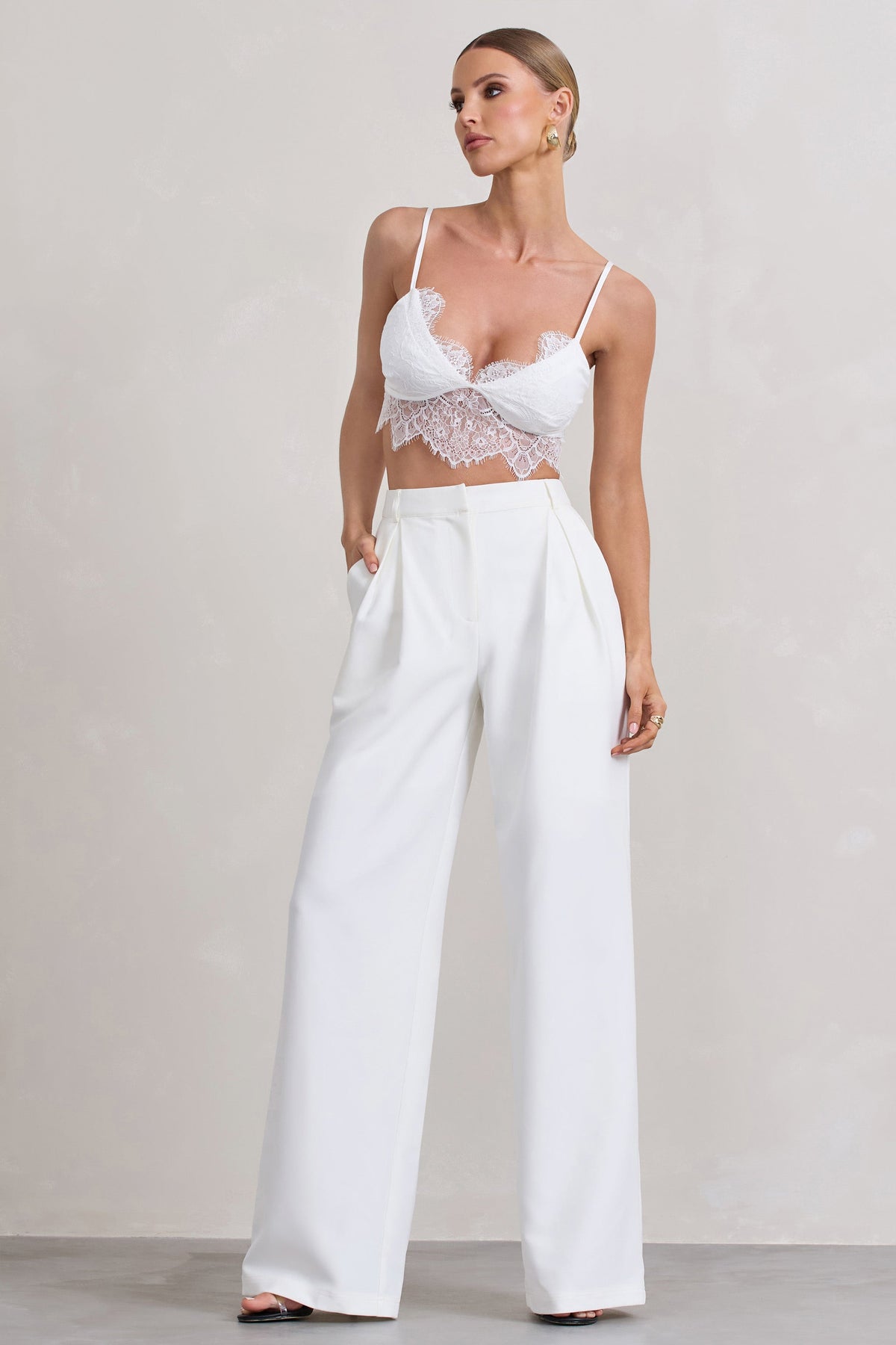 White pleated wide leg on sale trousers