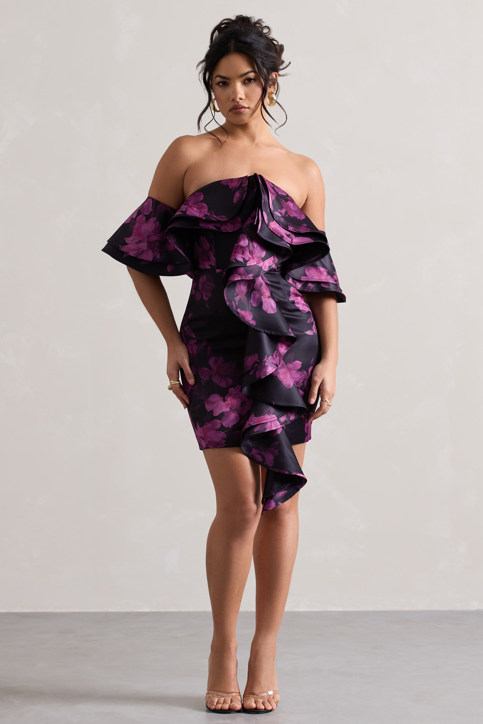 Aspen | Black Floral Print Bardot Mini Dress With Ruffles - Club L London - AUS
