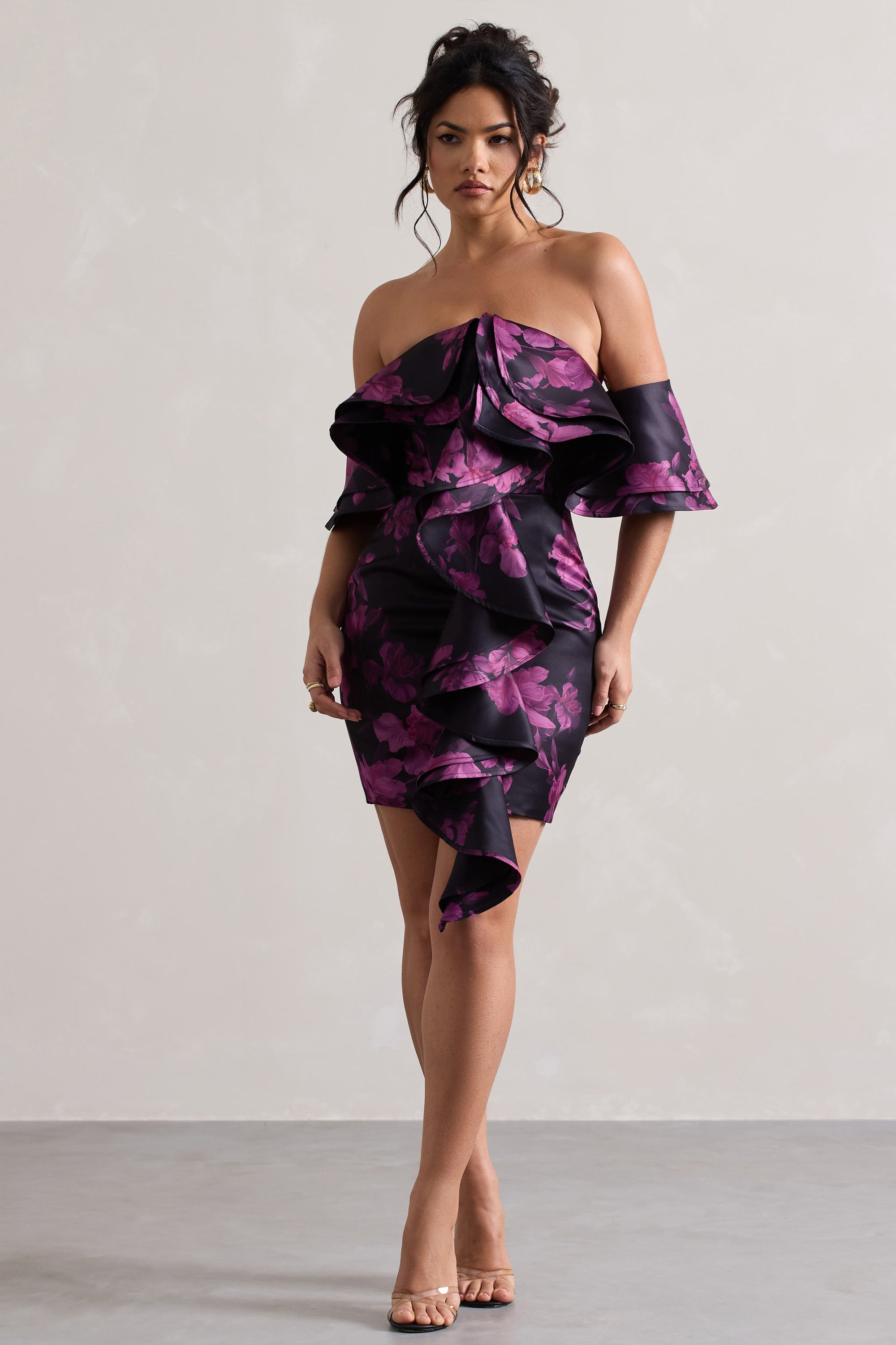 Aspen | Black Floral Print Bardot Mini Dress With Ruffles - Club L London - AUS