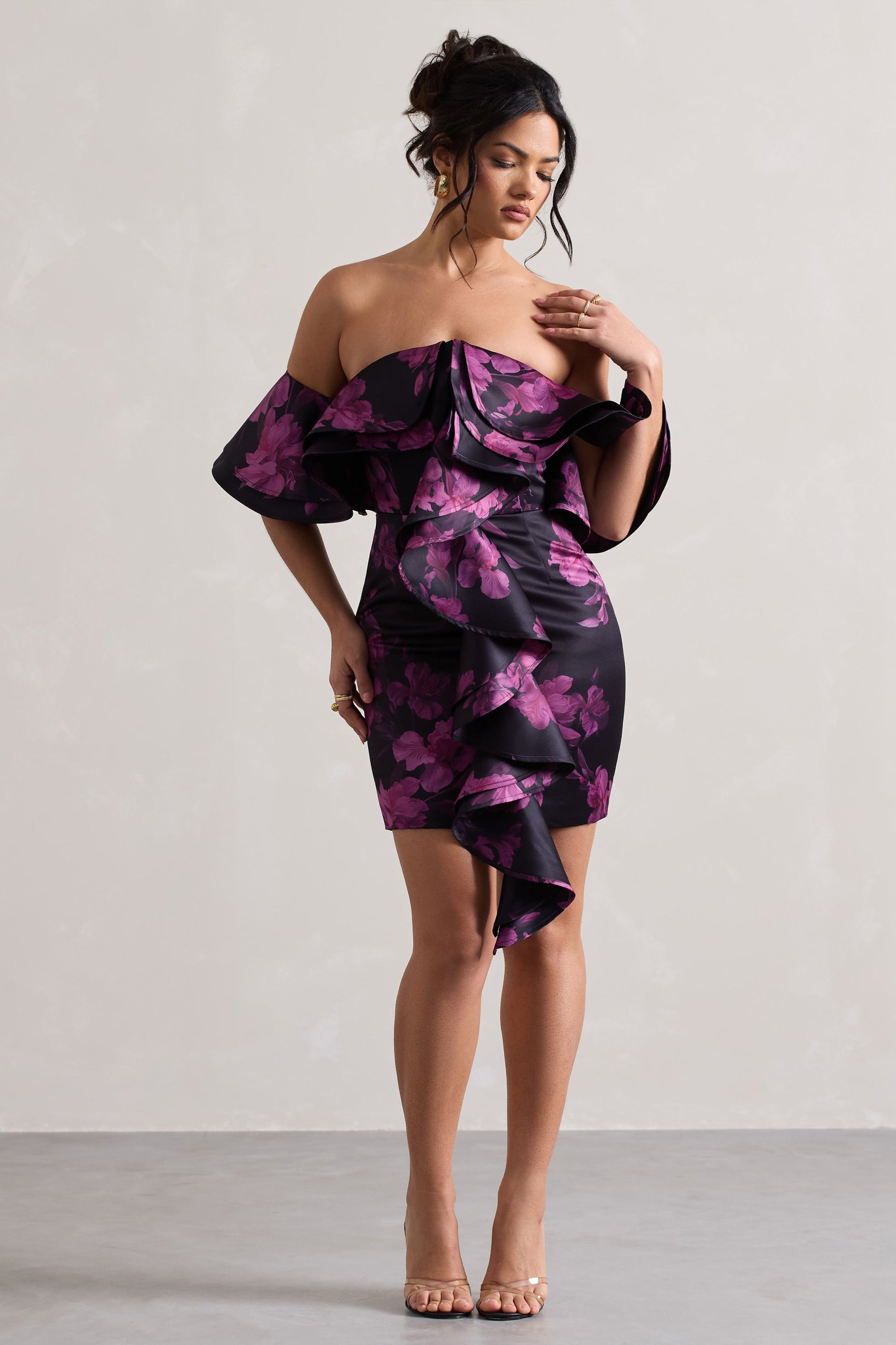 Aspen | Black Floral Print Bardot Mini Dress With Ruffles - Club L London - AUS