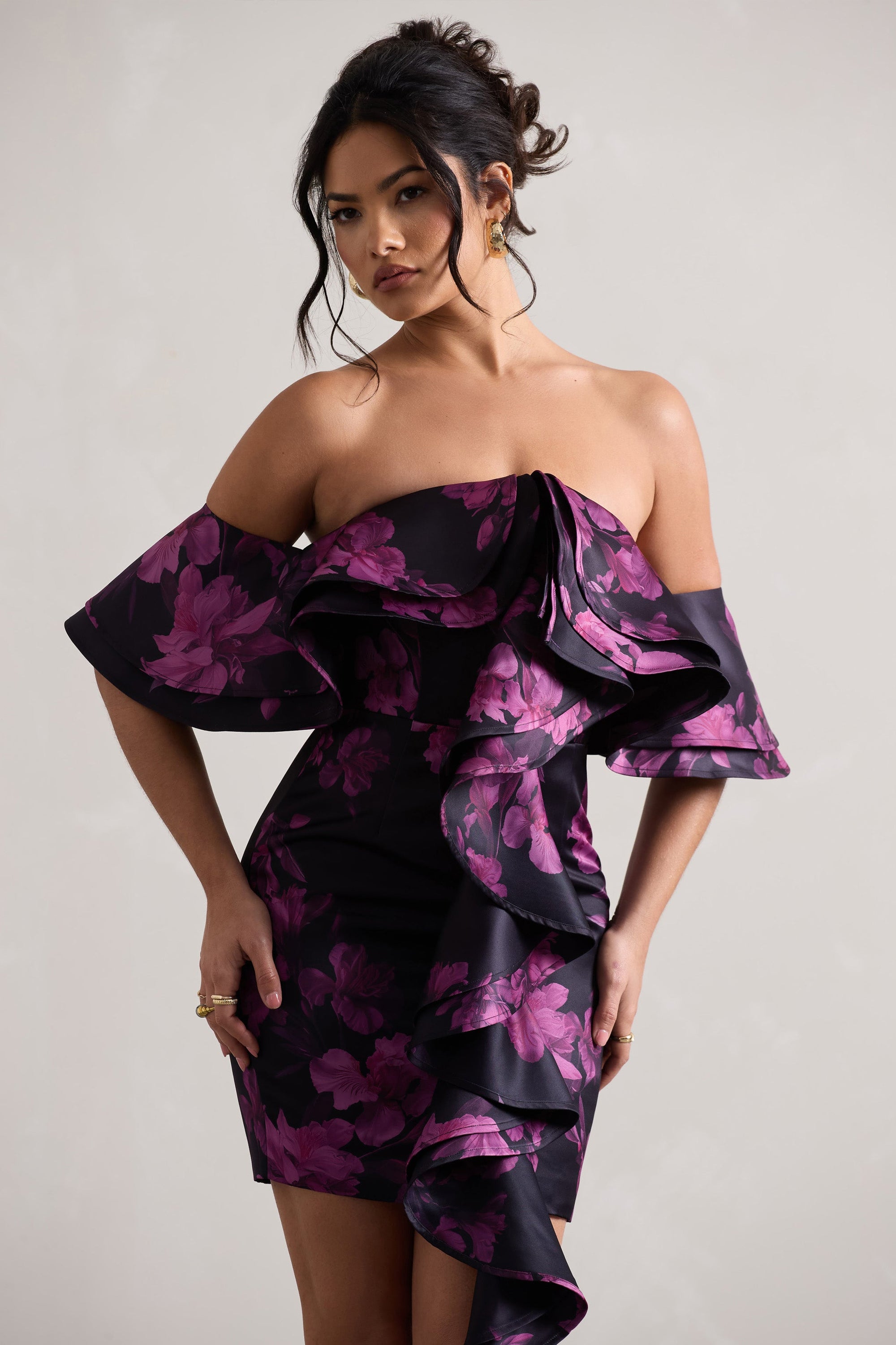 Aspen | Black Floral Print Bardot Mini Dress With Ruffles - Club L London - AUS