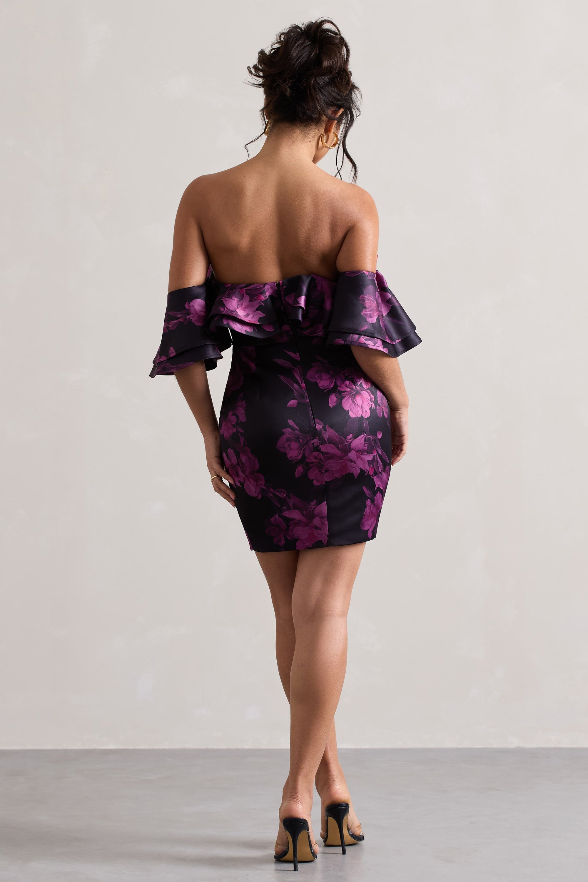 Aspen | Black Floral Print Bardot Mini Dress With Ruffles - Club L London - AUS