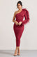 Wild One | Burgundy One-Shoulder Bodycon Midi Dress With Feather-Trimmed Sleeve - Club L London - AUS