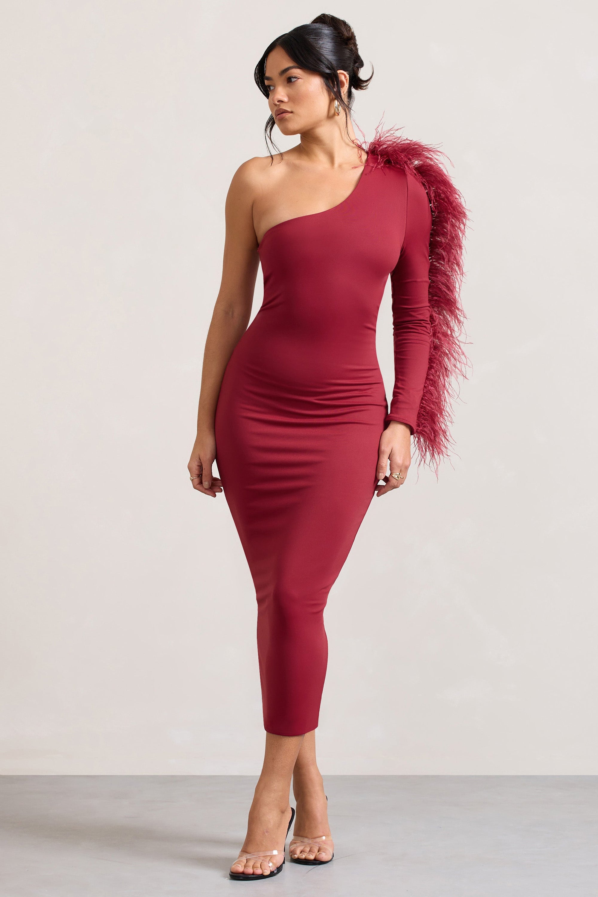 Wild One | Burgundy One-Shoulder Bodycon Midi Dress With Feather-Trimmed Sleeve - Club L London - AUS