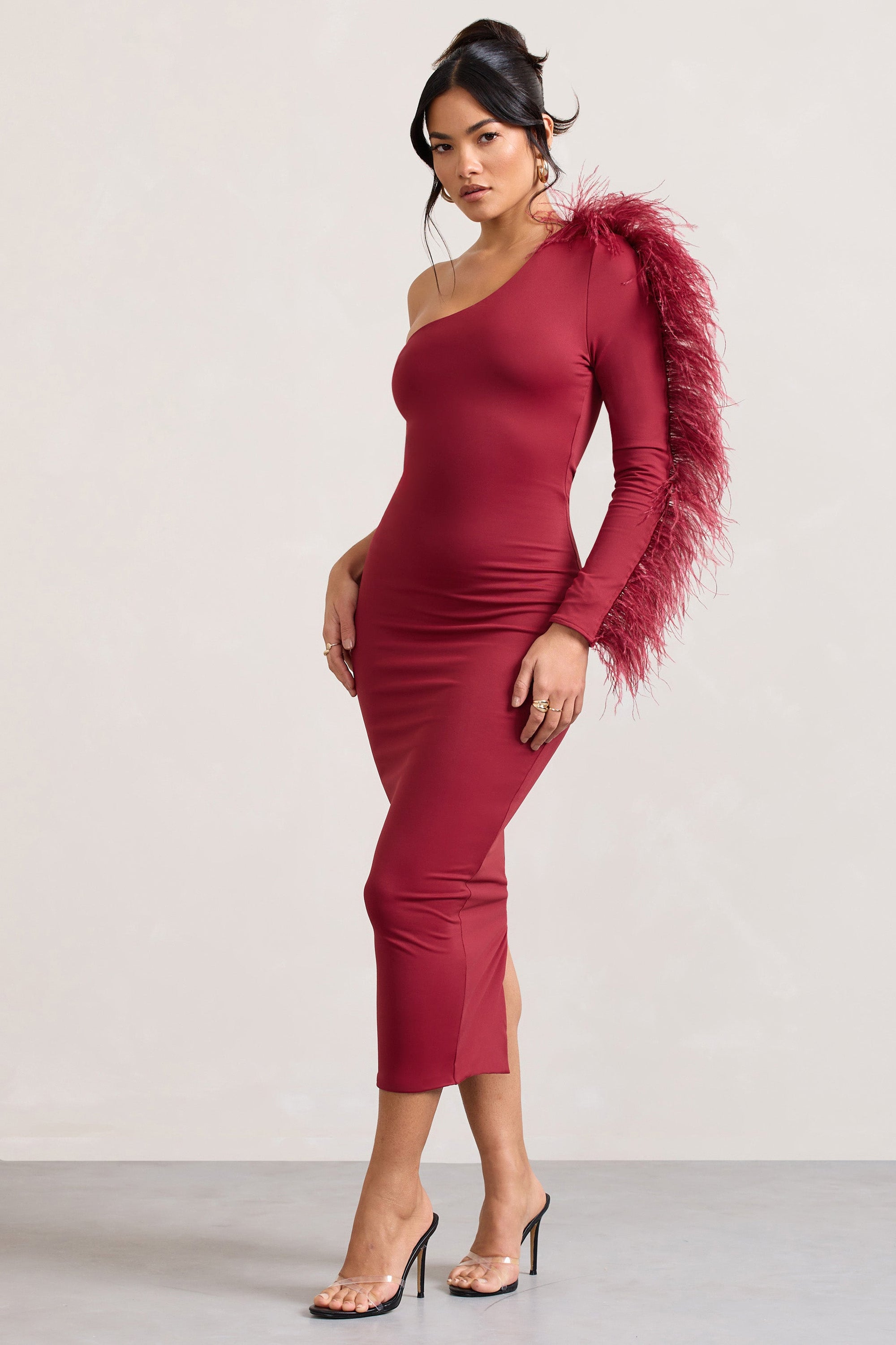 Wild One | Burgundy One-Shoulder Bodycon Midi Dress With Feather-Trimmed Sleeve - Club L London - AUS