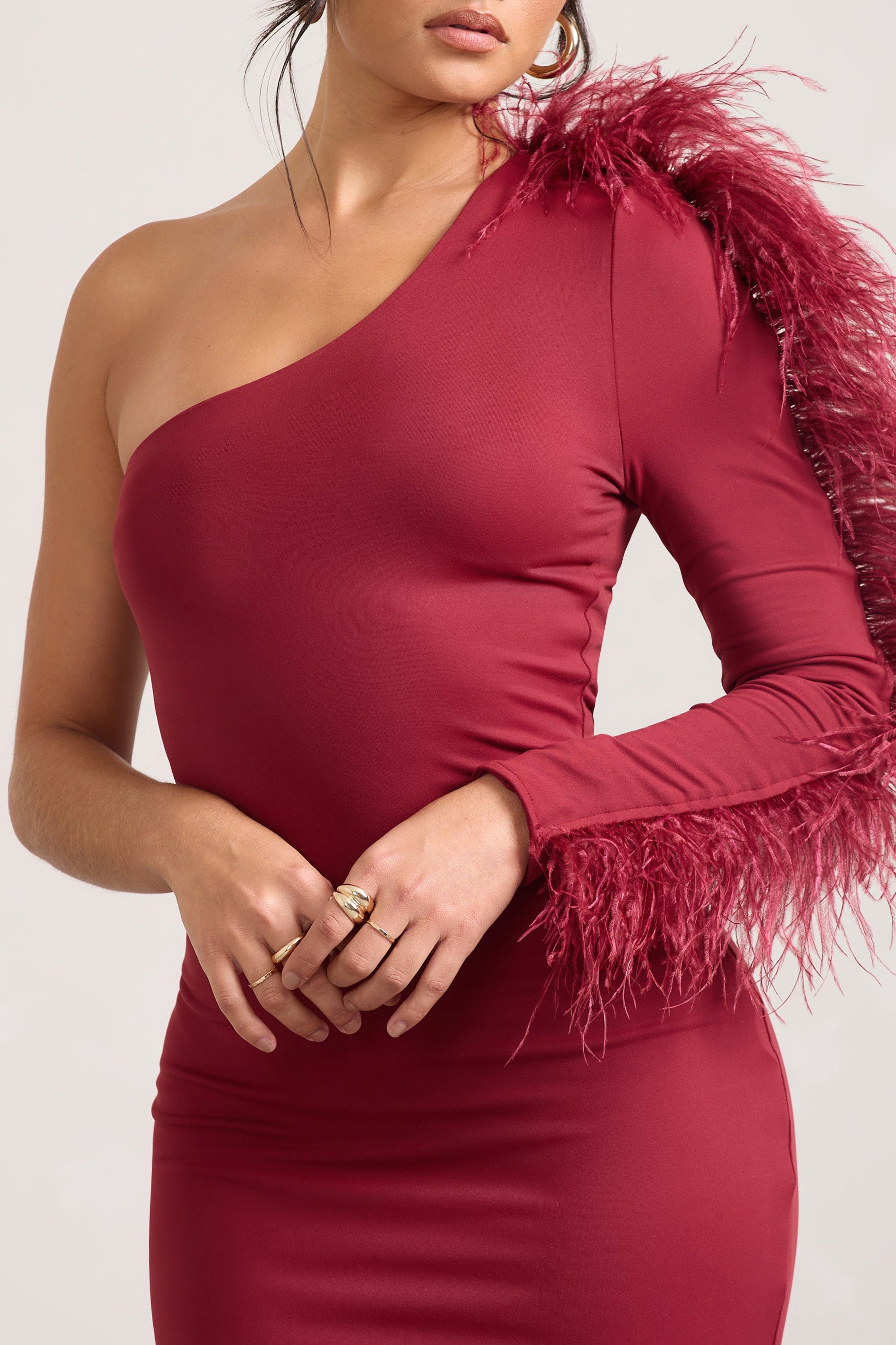 Wild One | Burgundy One-Shoulder Bodycon Midi Dress With Feather-Trimmed Sleeve - Club L London - AUS