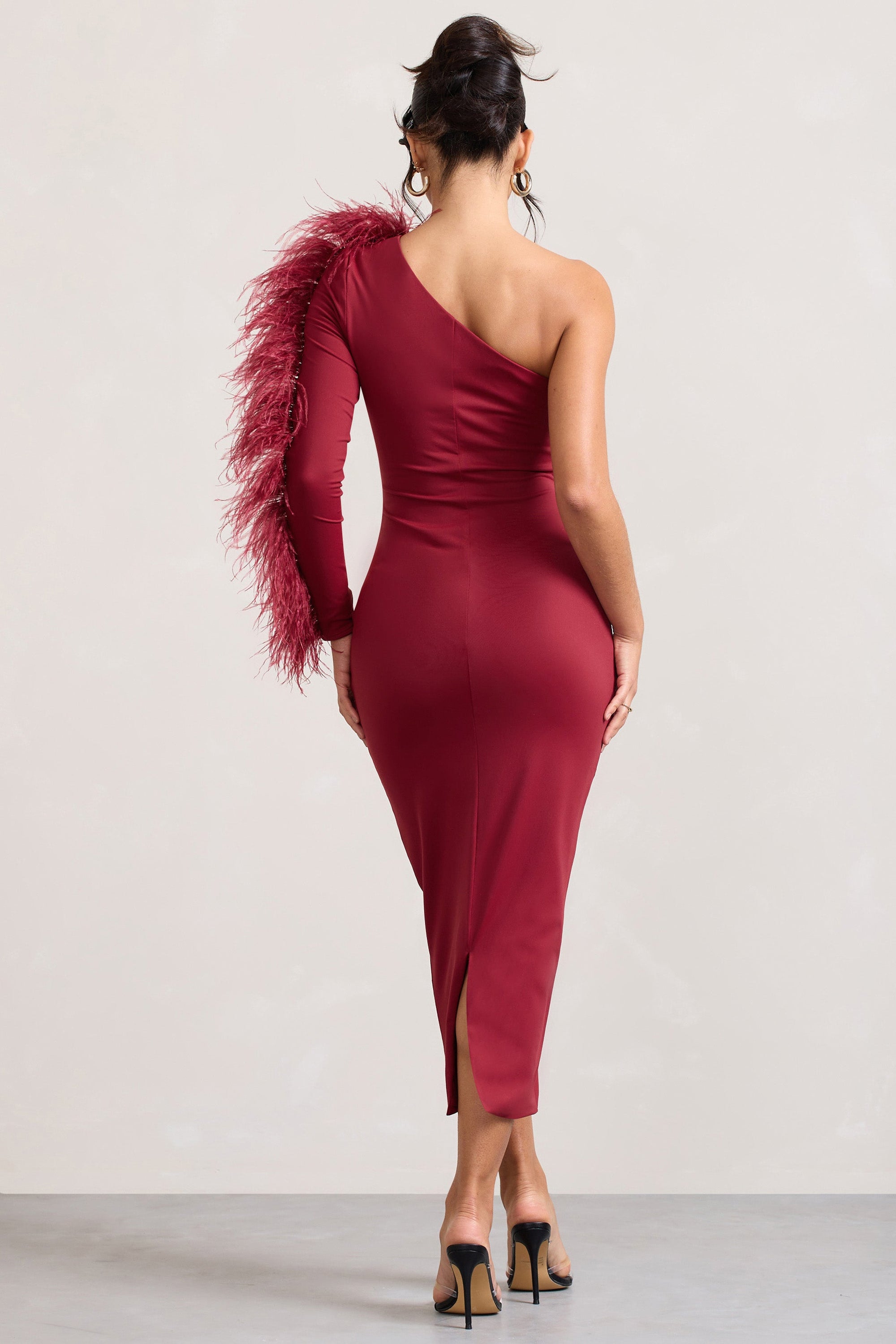 Wild One | Burgundy One-Shoulder Bodycon Midi Dress With Feather-Trimmed Sleeve - Club L London - AUS