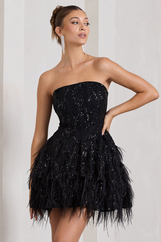 Little Wish Black Sequin Lace Strapless Mini Dress With Feathers