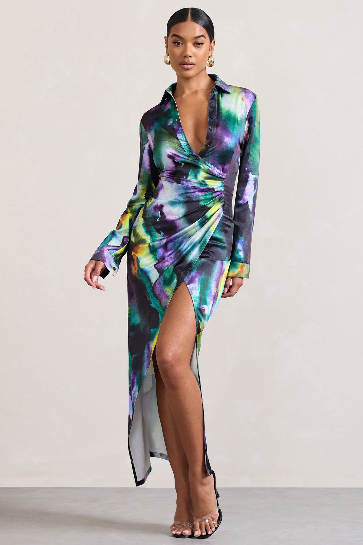 Oasis Watercolour Print Satin Long Sleeved Maxi Shirt Dress Club