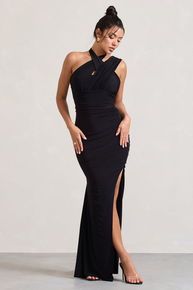 Ignite Black Strappy Halter Neck Asymmetric Maxi Dress Club L