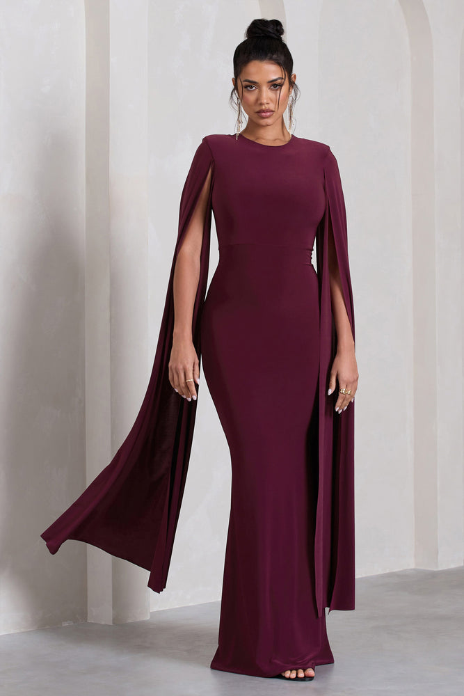 Kimmy Burgundy High Neck Maxi Dress With Cape Sleeves Club L