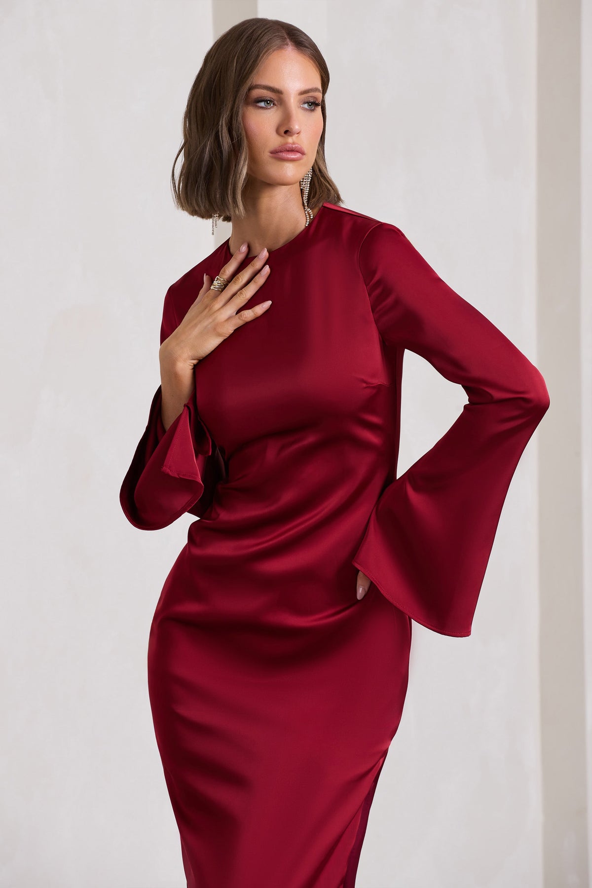 Zaina Burgundy Long Sleeve Maxi Dress with High Neckline Club L