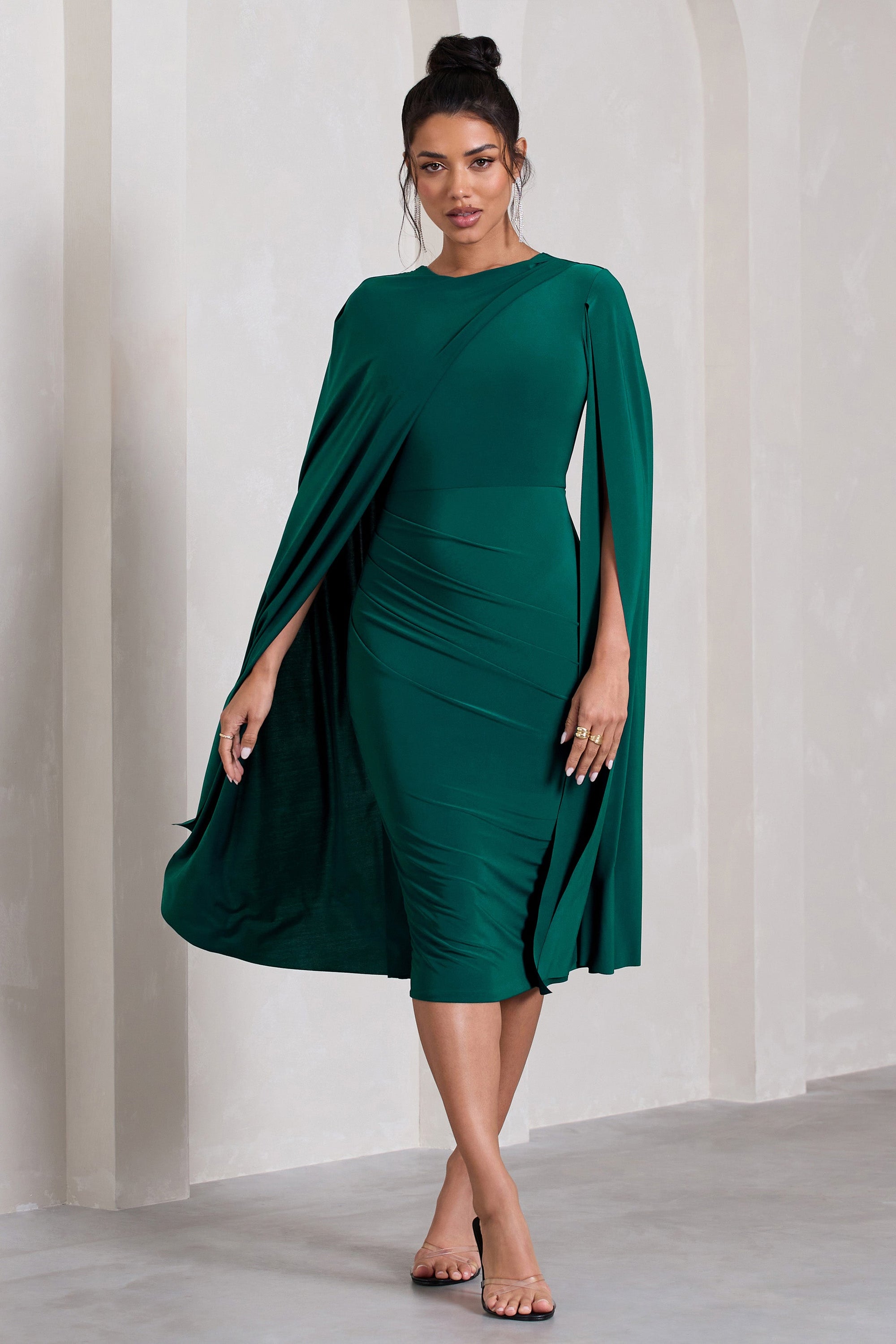 Marysol | Bottle Green Asymmetric Cape Midi Dress - Club L London - AUS