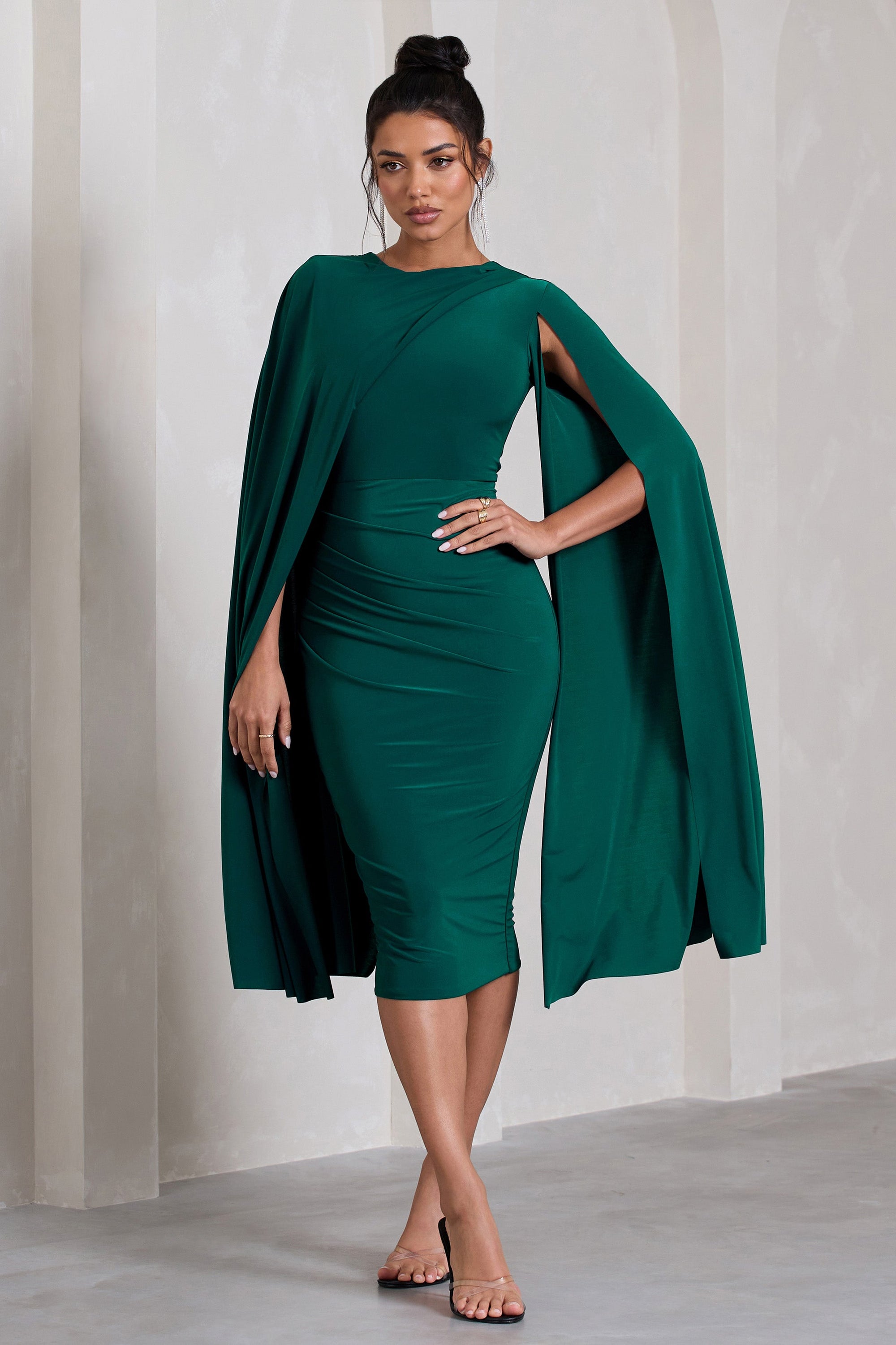 Marysol | Bottle Green Asymmetric Cape Midi Dress - Club L London - AUS