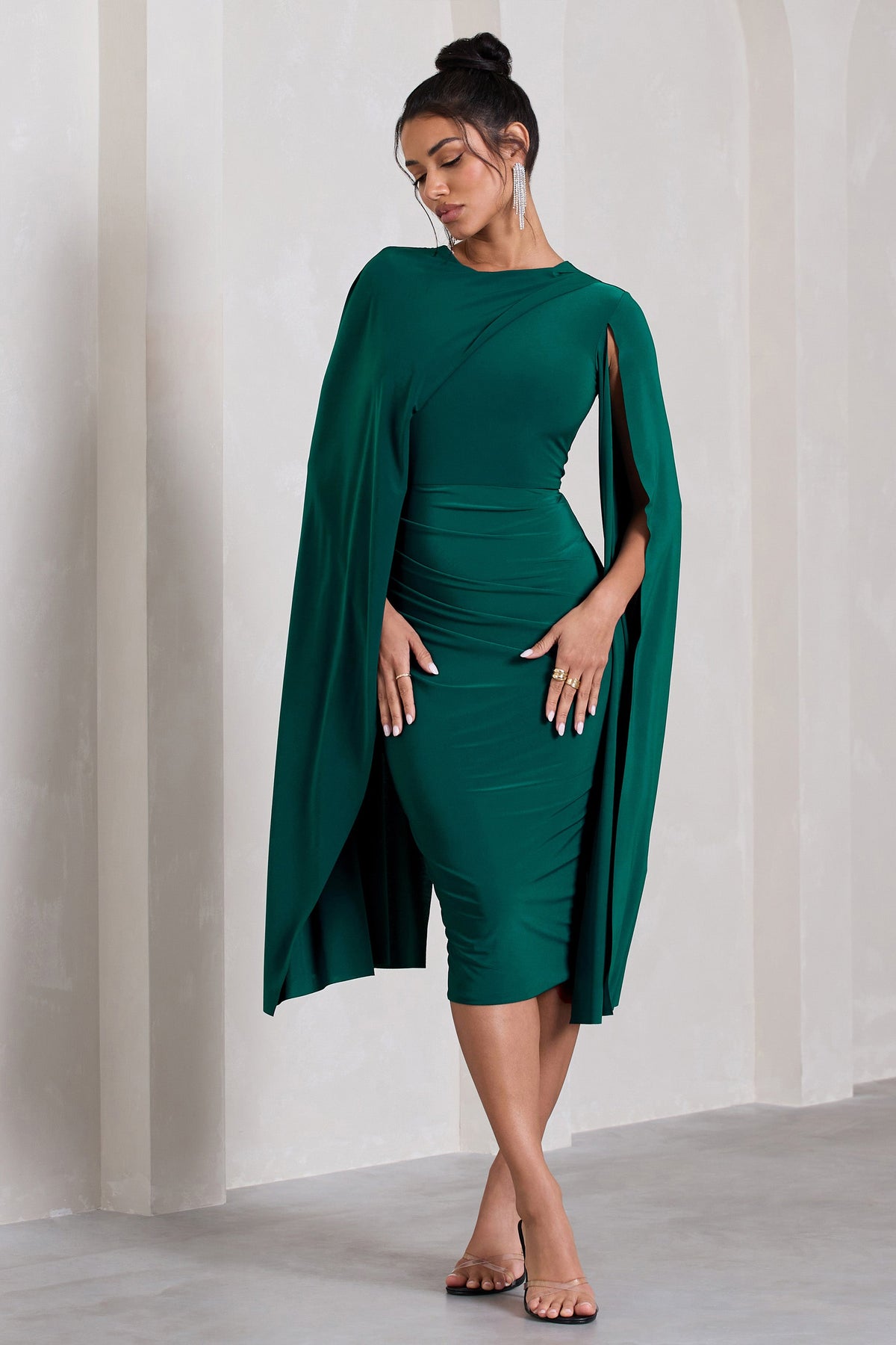 Marysol | Bottle Green Asymmetric Cape Midi Dress - Club L London - AUS