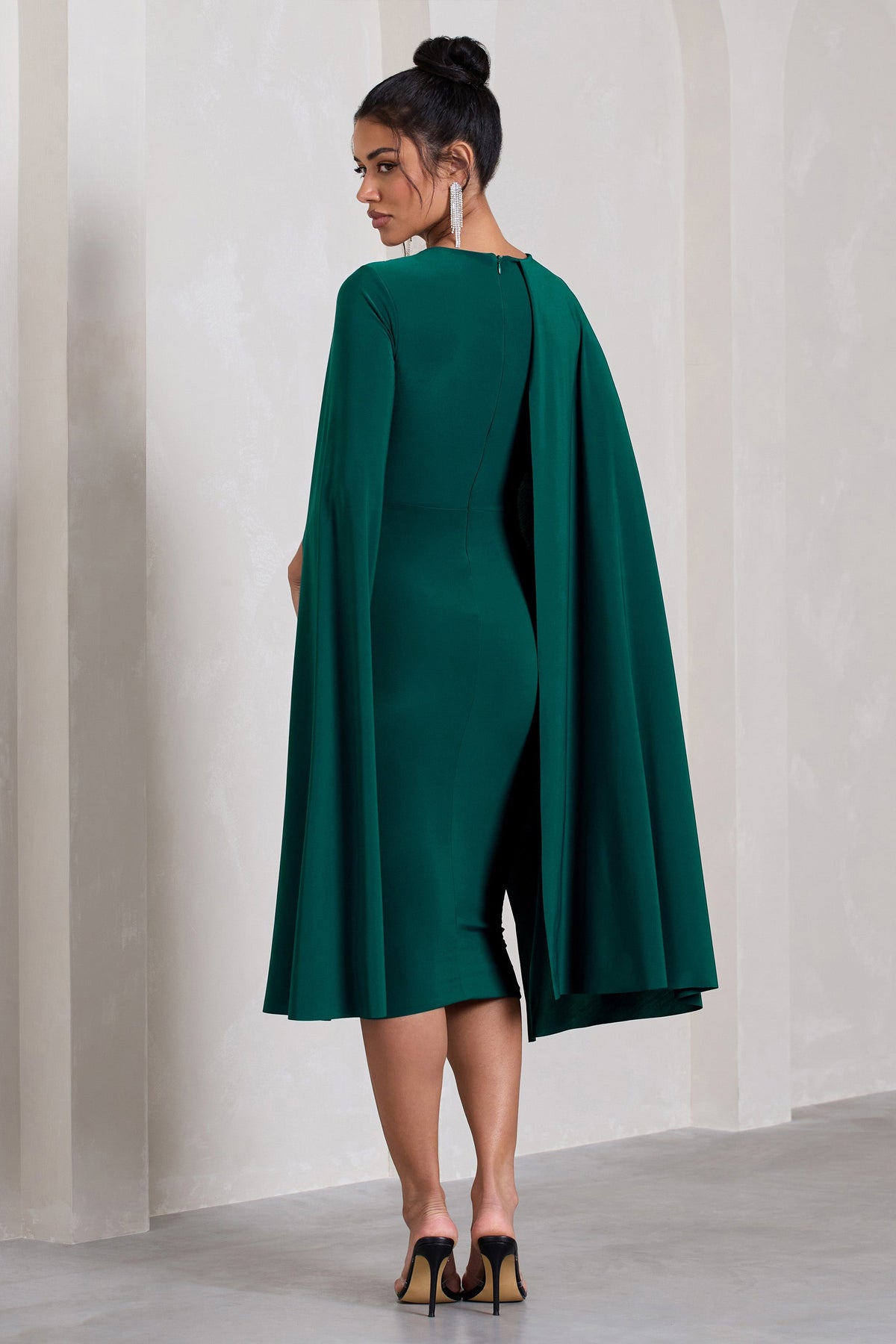 Marysol | Bottle Green Asymmetric Cape Midi Dress - Club L London - AUS