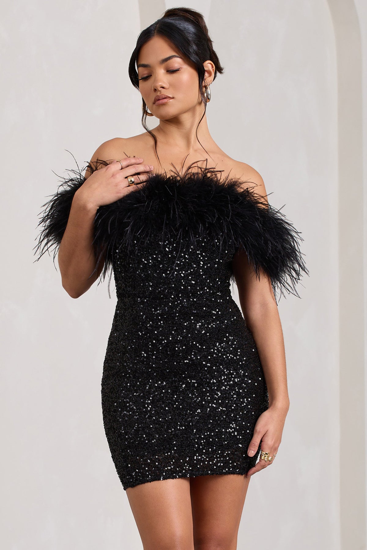 New Money Black Bodycon Sequin Mini Dress With Feather Trim Club