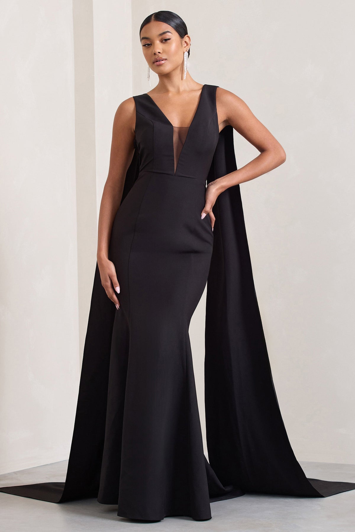 Rosaline Black Plunging Fishtail Maxi Dress With Cape Club L