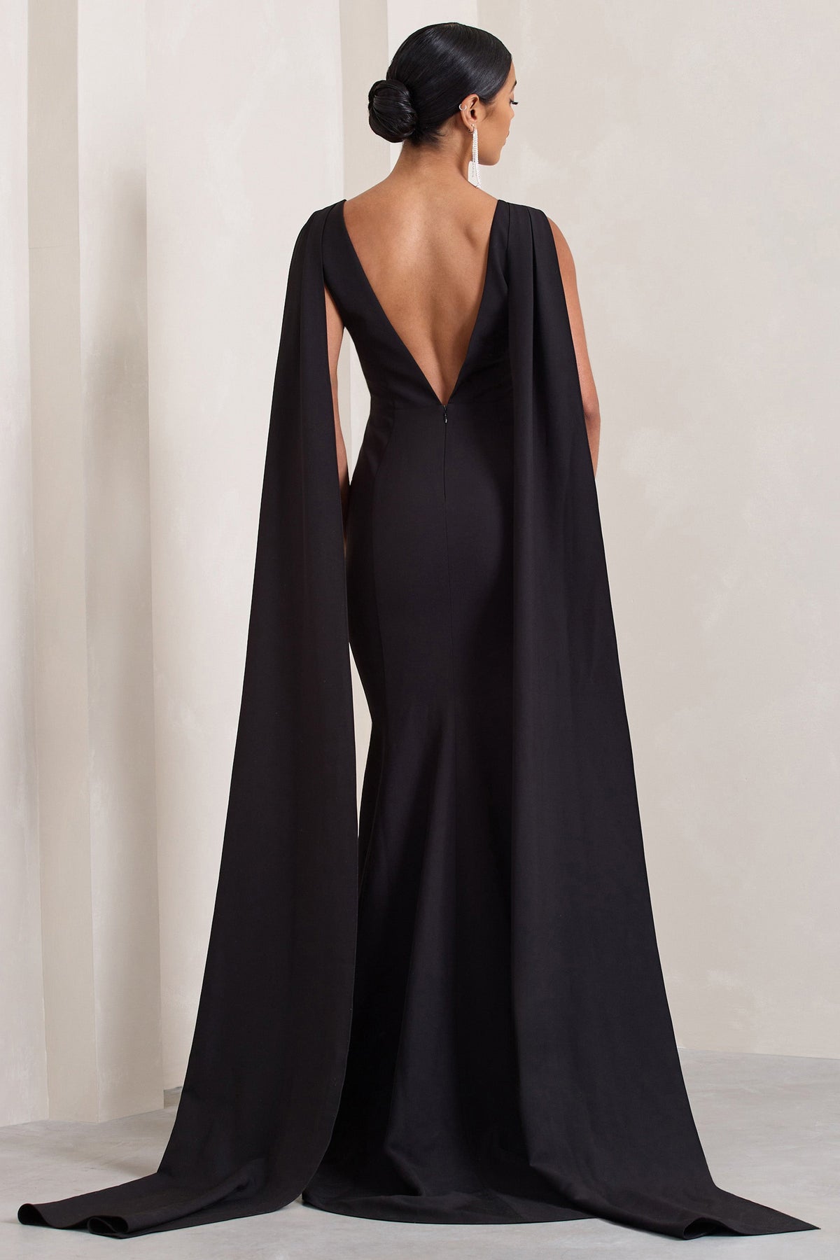 Rosaline Black Plunging Fishtail Maxi Dress With Cape Club L