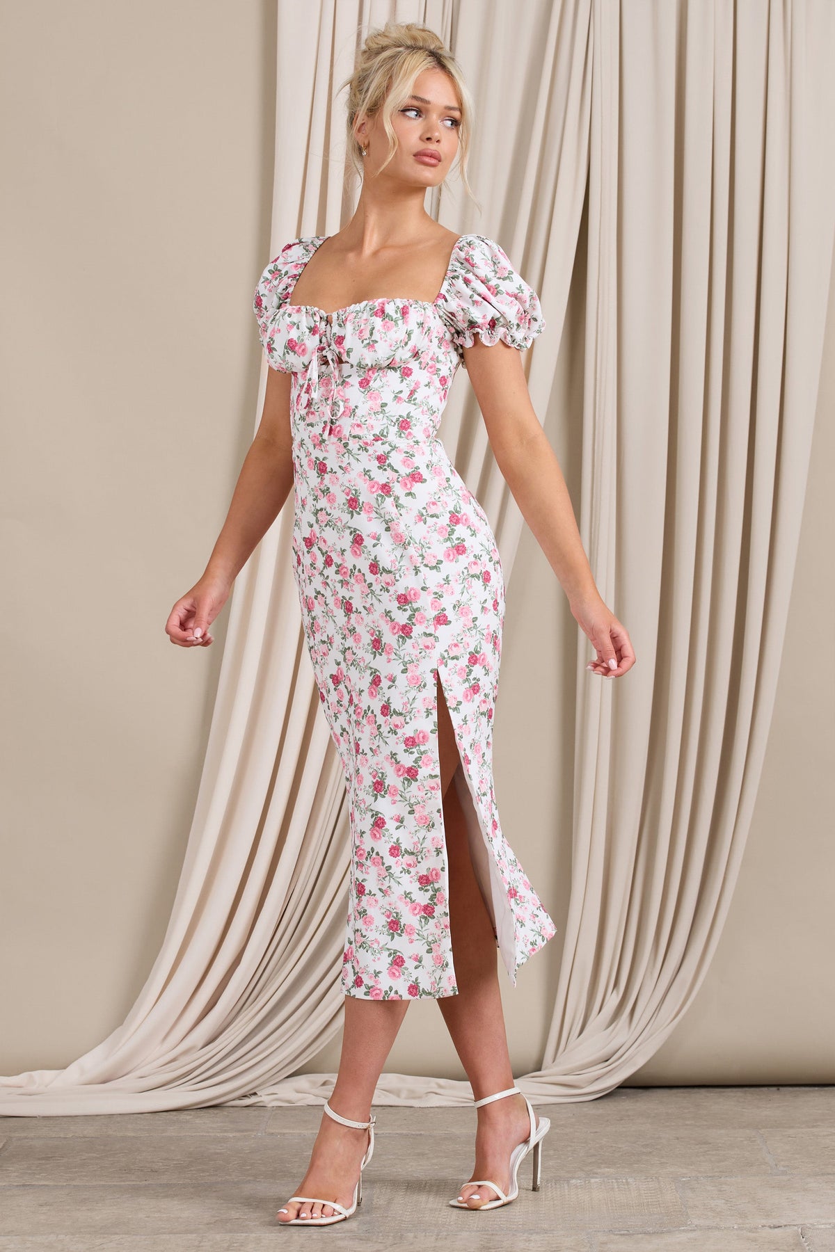 Pink Abstract Floral Corset Asymmetric Hem Dress