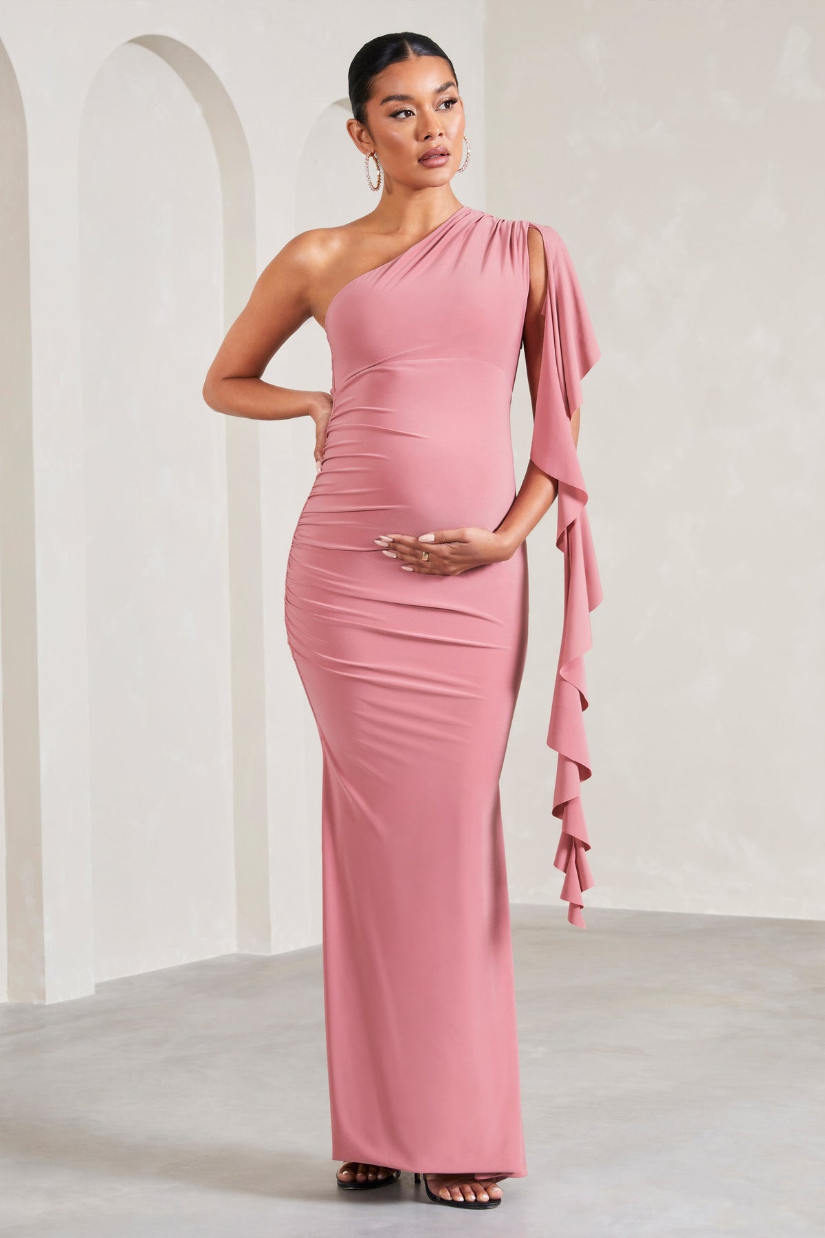 Rosalie Blush Pink One Shoulder Maternity Maxi Dress With Ruffles