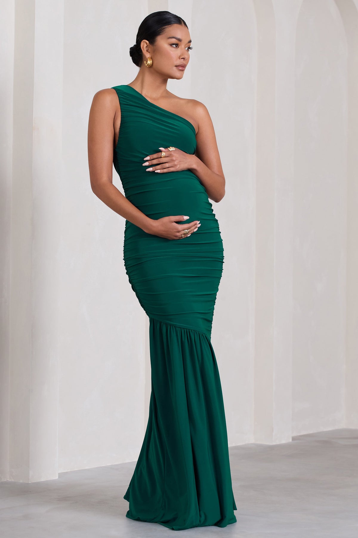 Make My Day Bottle Green One Shoulder Ruched Split Maternity Maxi