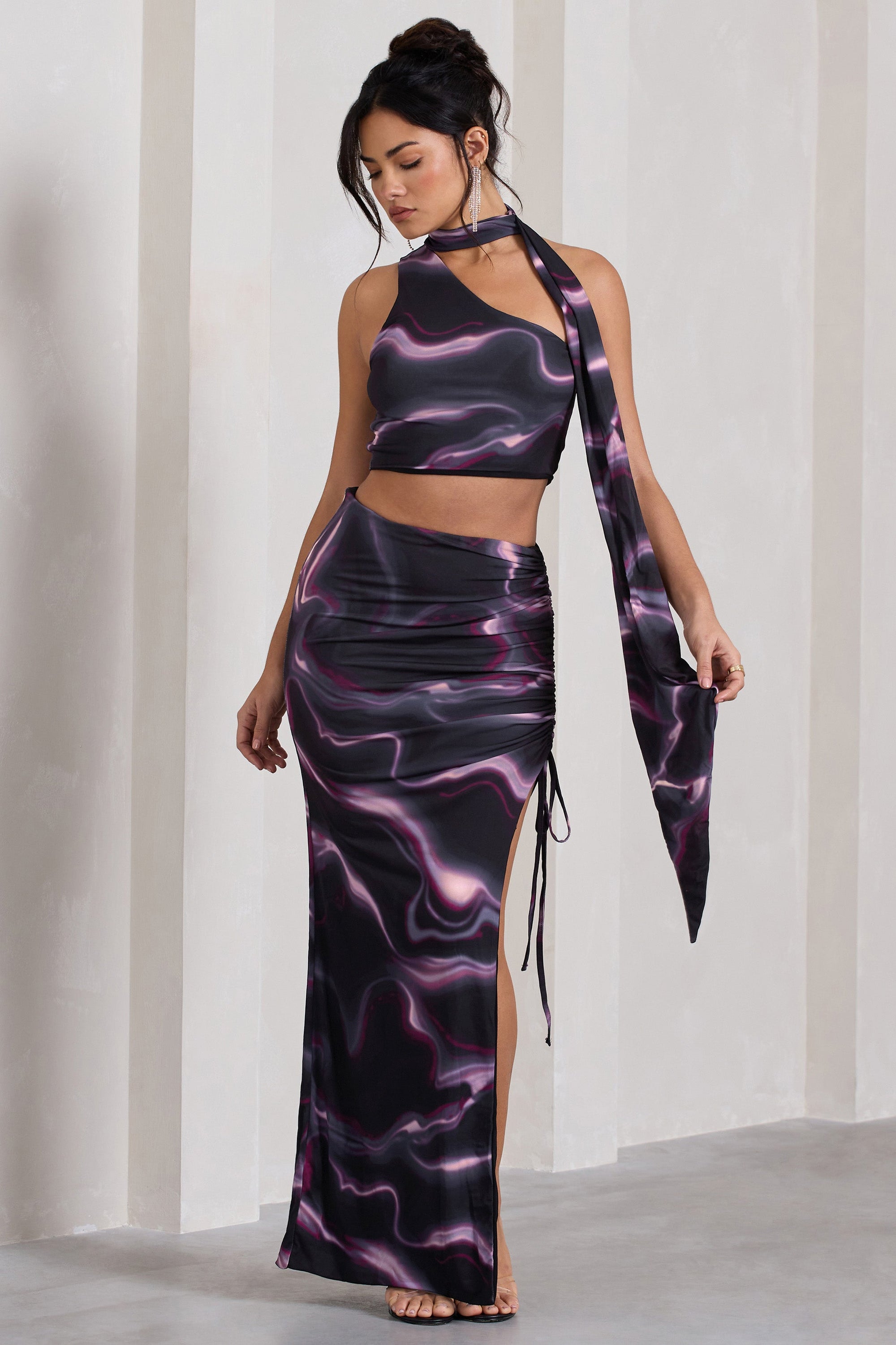 In The Air | Black Printed Ruched Asymmetric High-Waisted Maxi Skirt - Club L London - AUS