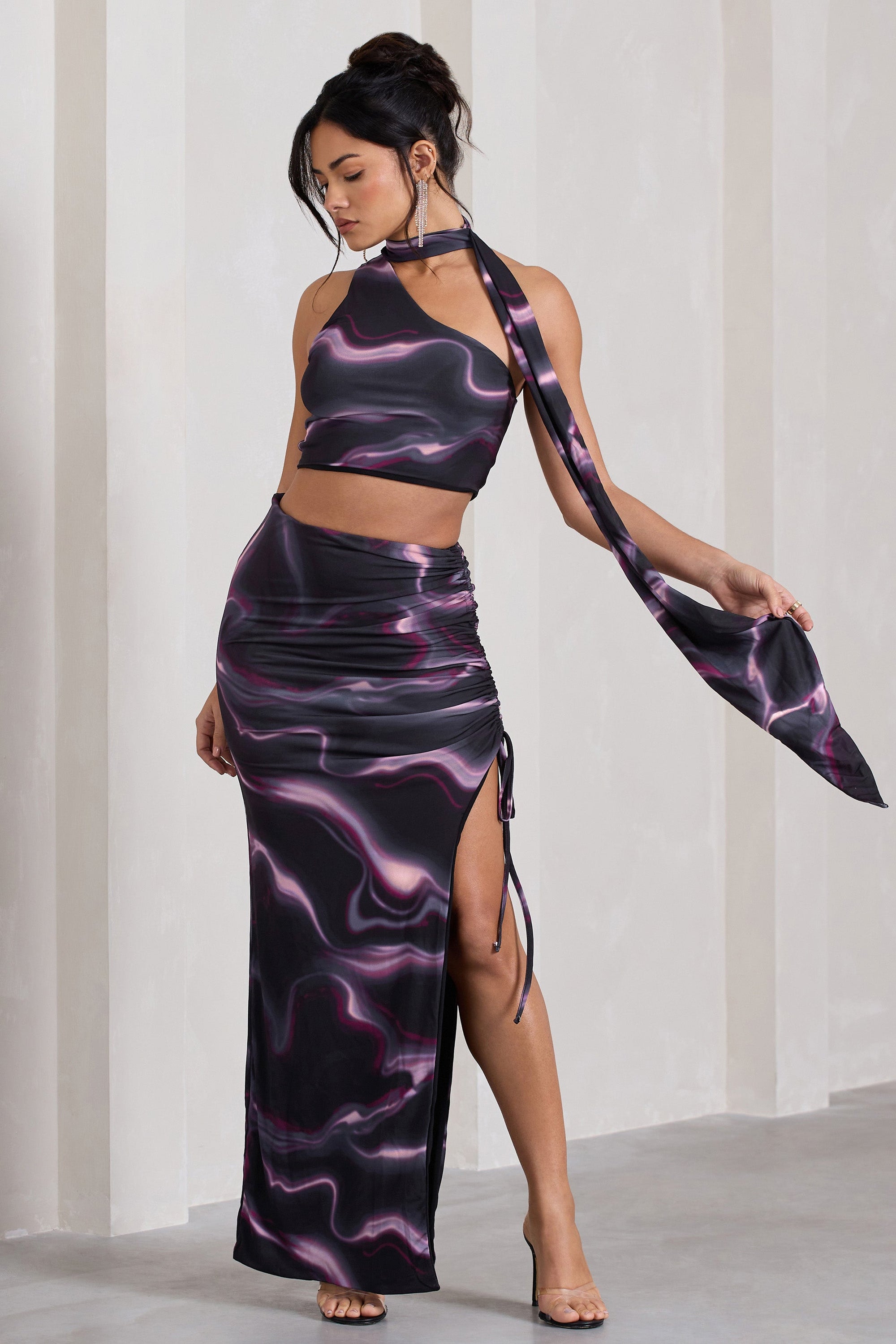 In The Air | Black Printed Ruched Asymmetric High-Waisted Maxi Skirt - Club L London - AUS