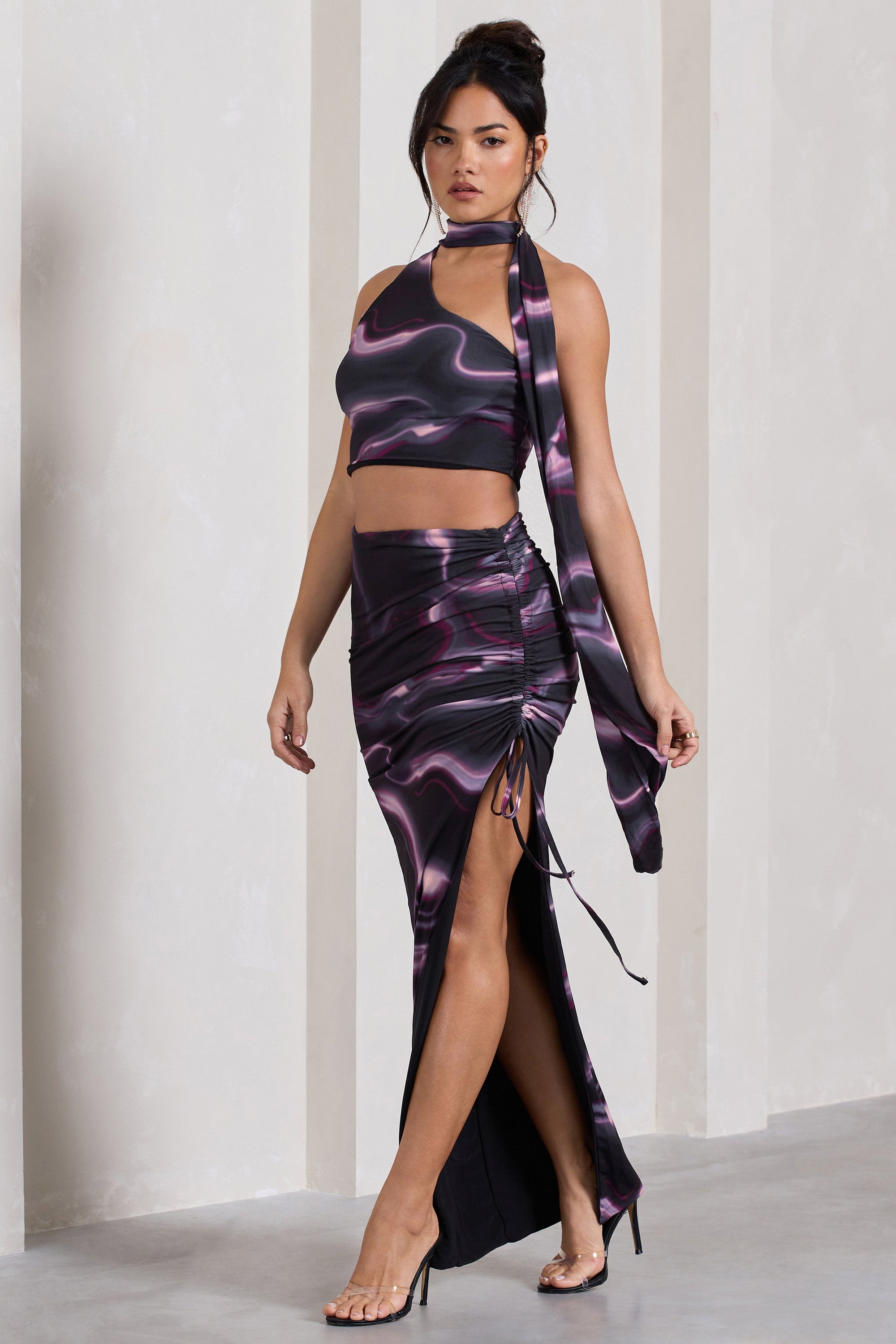 In The Air | Black Printed Ruched Asymmetric High-Waisted Maxi Skirt - Club L London - AUS
