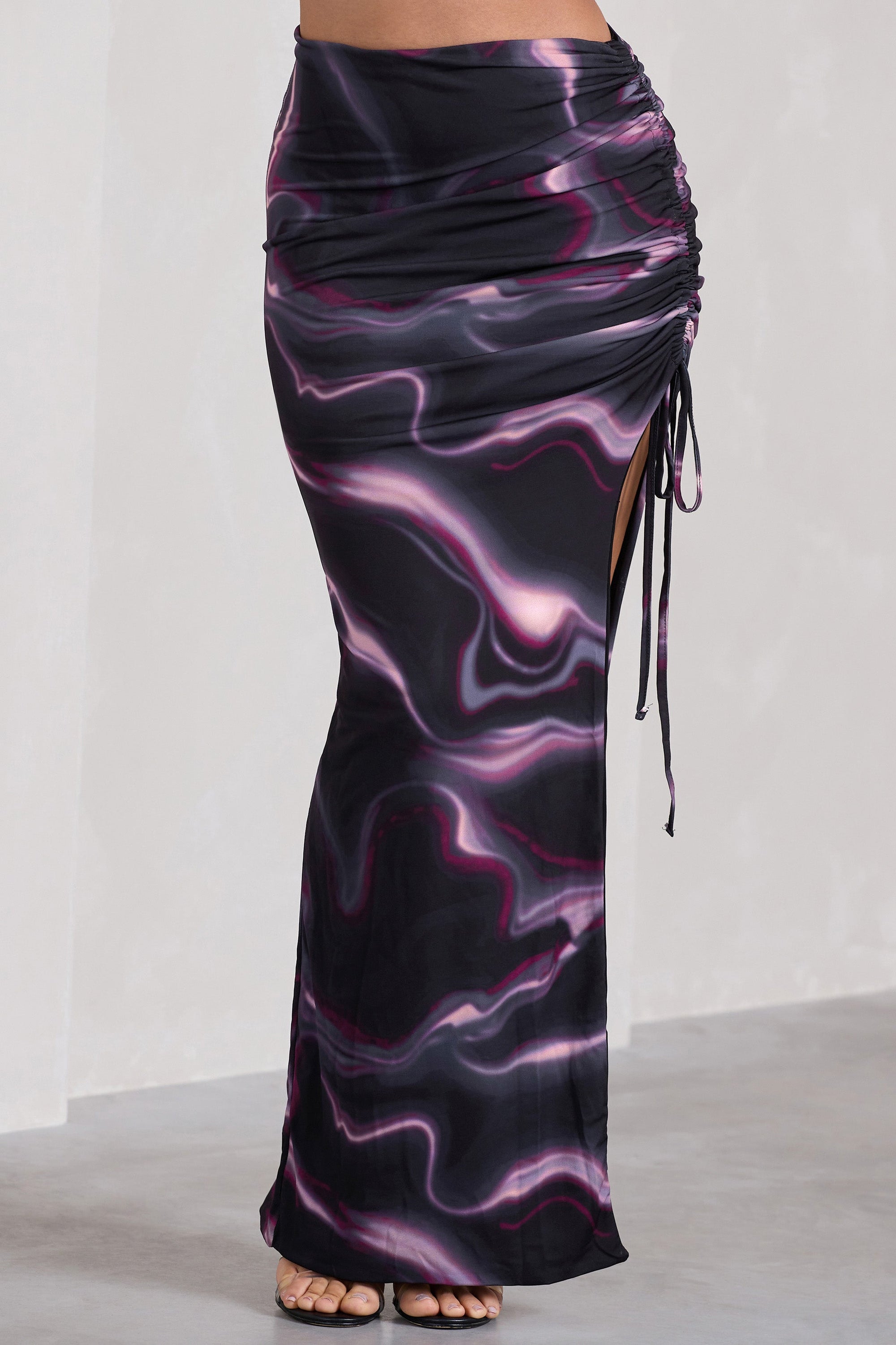 In The Air | Black Printed Ruched Asymmetric High-Waisted Maxi Skirt - Club L London - AUS