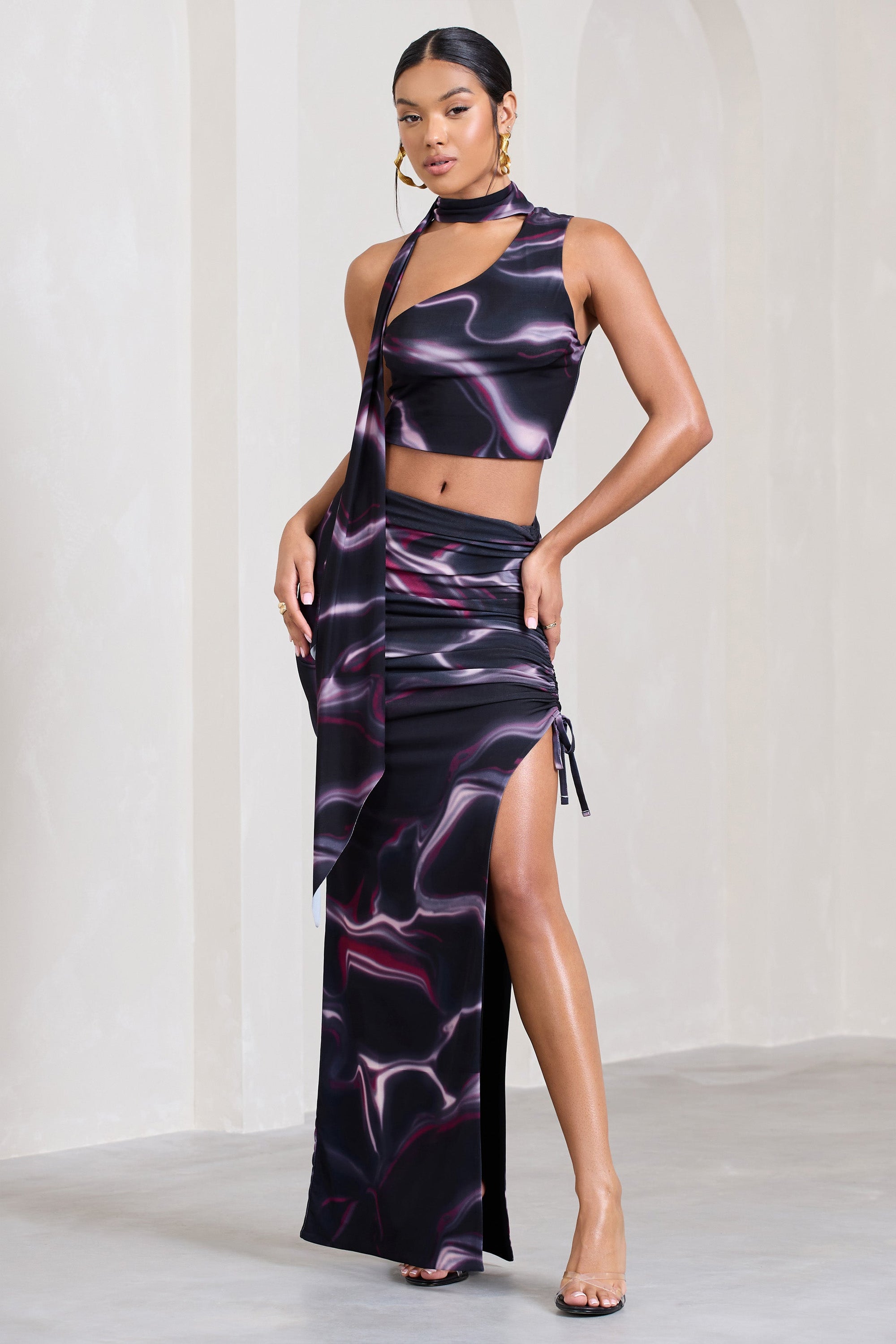 In The Air | Black Printed Ruched Asymmetric High-Waisted Maxi Skirt - Club L London - AUS