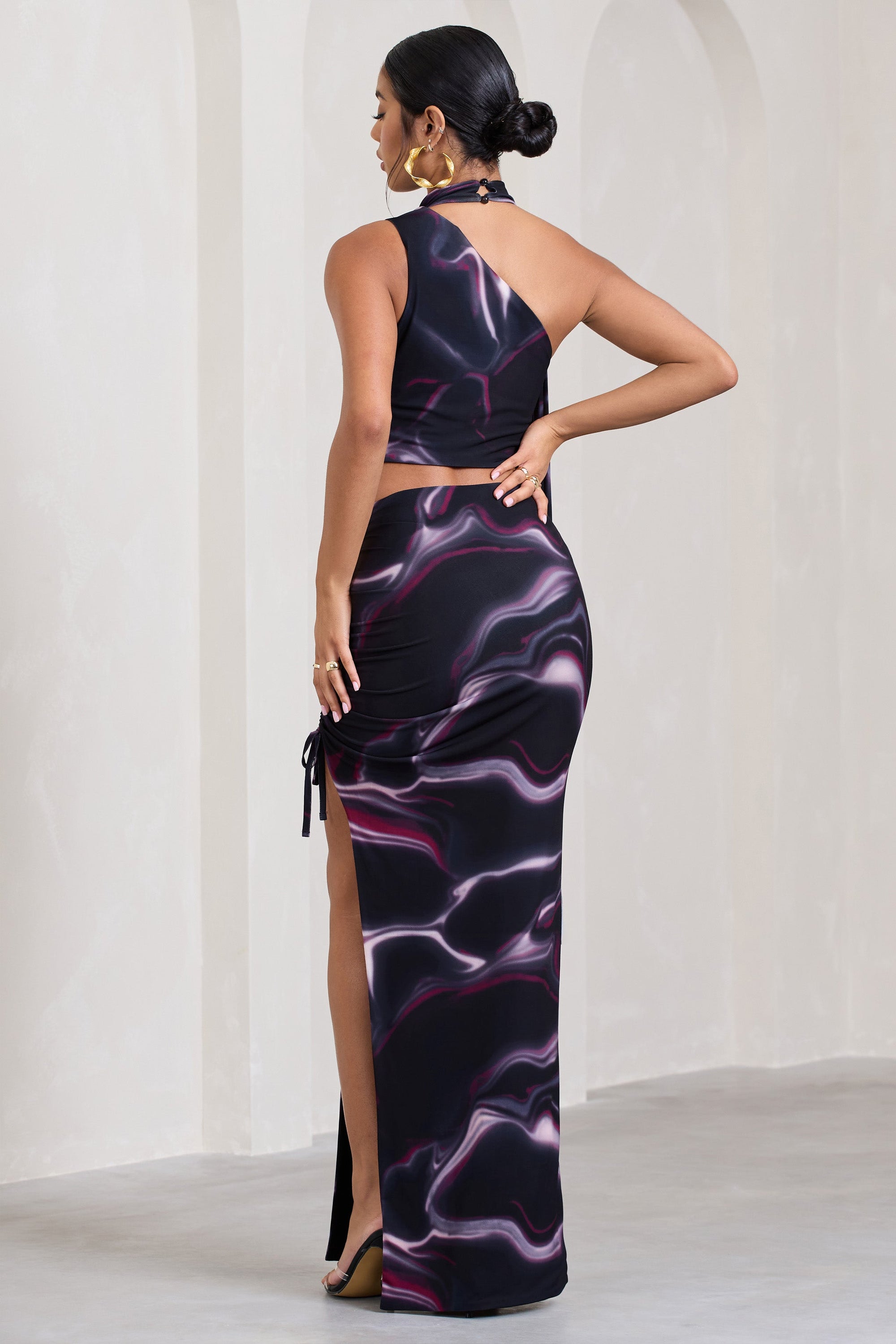In The Air | Black Printed Ruched Asymmetric High-Waisted Maxi Skirt - Club L London - AUS