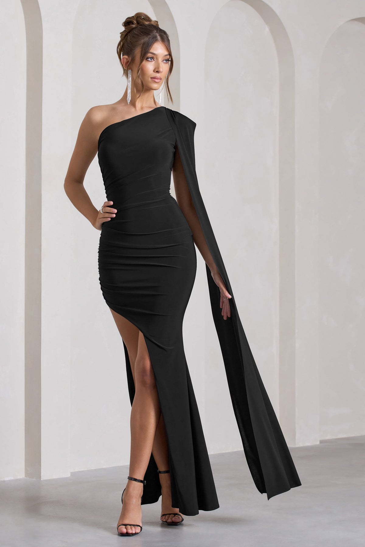 Romancing Black Thigh Split Corset Strapless Maxi Dress – Club L
