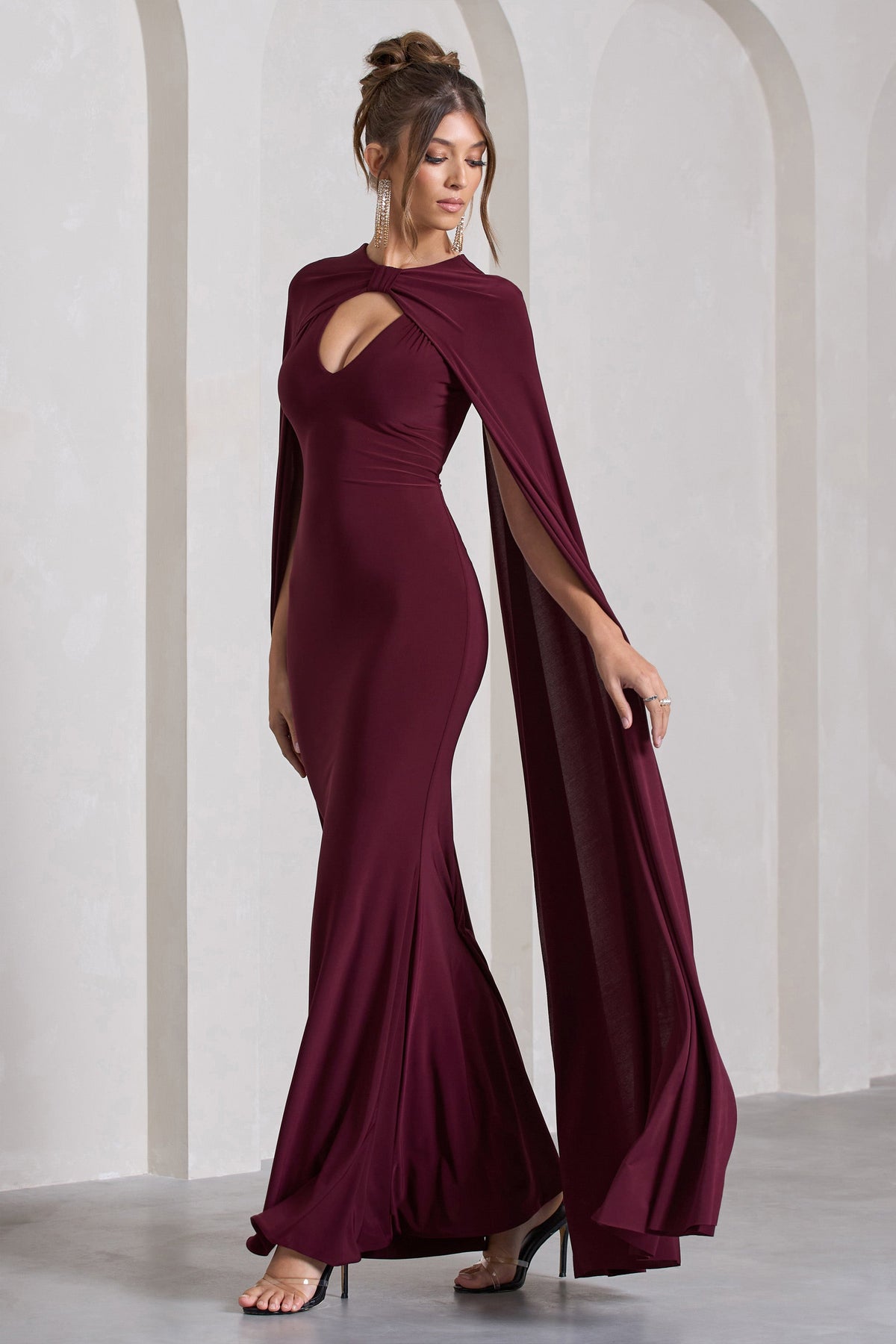 Standing Ovation Burgundy Plunge Neck Cape Maxi Dress Club L