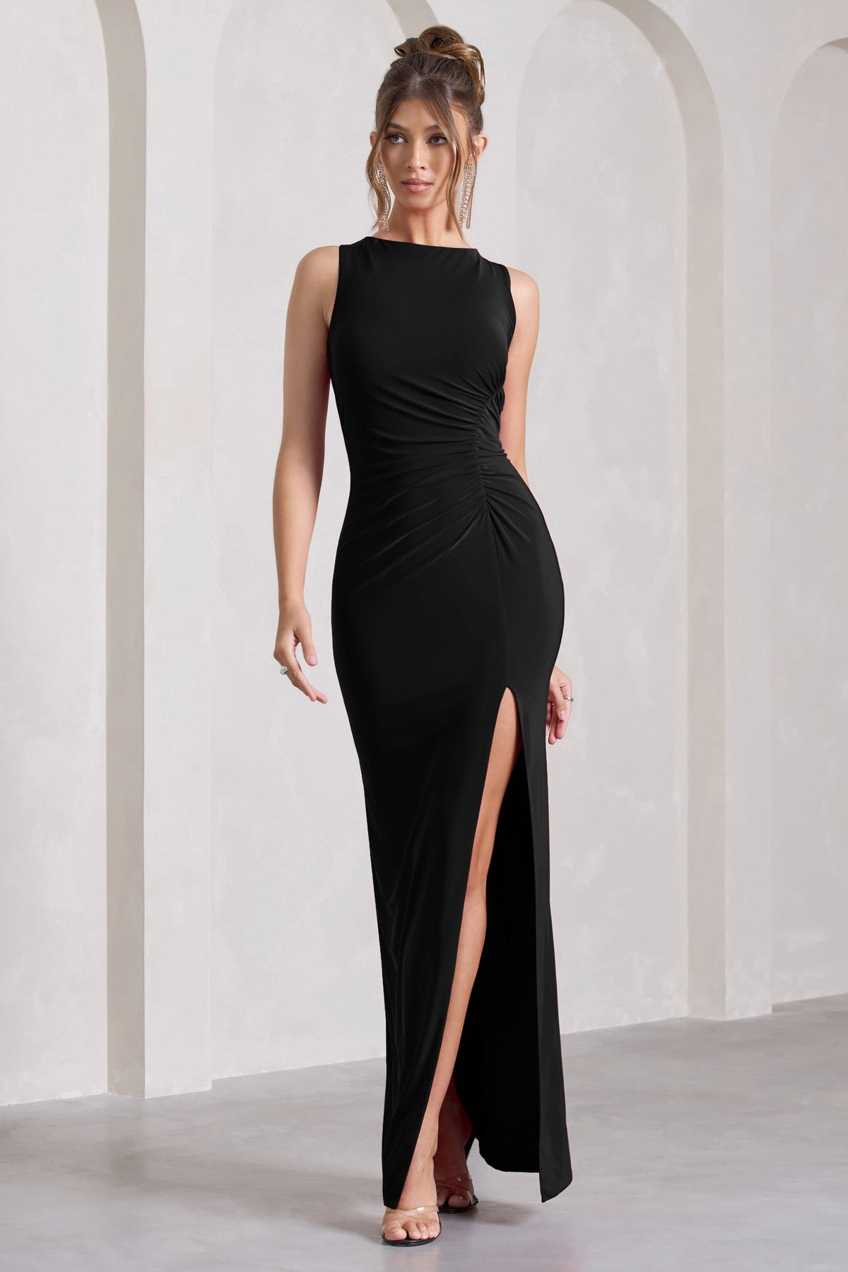 Romancing Black Thigh Split Corset Strapless Maxi Dress – Club L