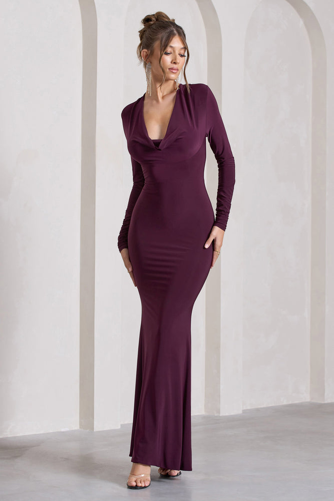 My Attention Plum Plunge Cowl Neck Long Sleeve Maxi Dress Club L