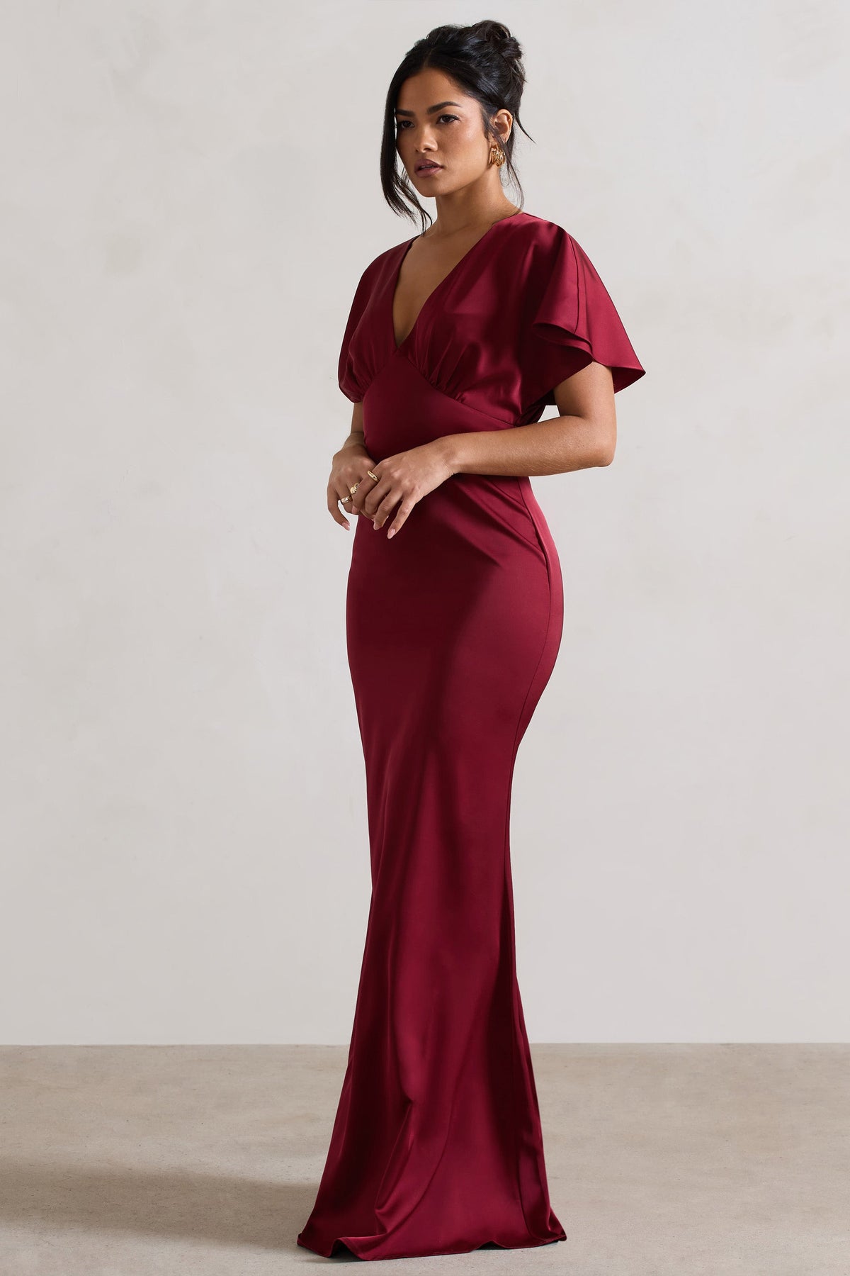 Marisa Berry Satin V Neck Flutter Sleeve Maxi Dress Club L