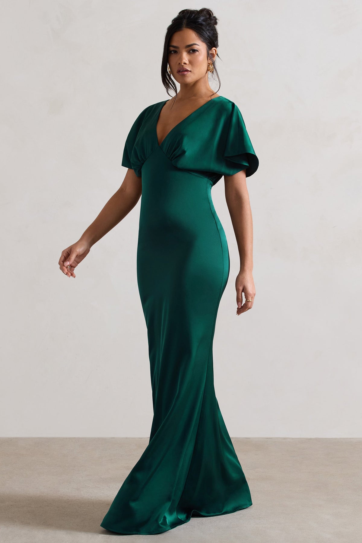 Marisa Dark Green Satin V Neck Flutter Sleeve Maxi Dress Club L