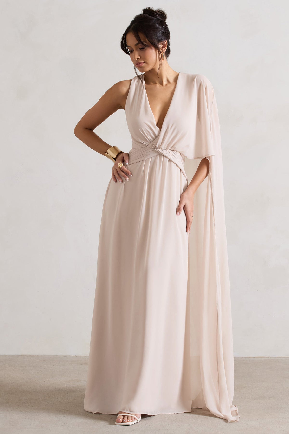 Bex Champagne One Shoulder Cape Maxi Dress with Ruched Waist and Thi – Club  L London - USA