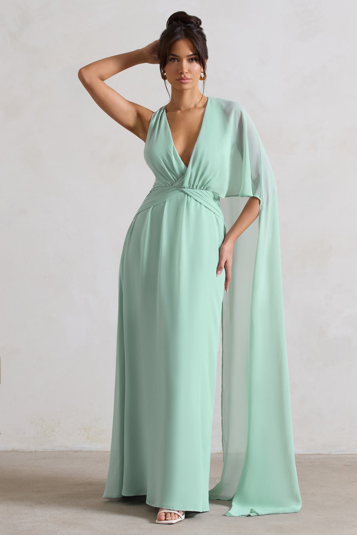 Fairytale Sage Plunge-Neck Chiffon Maxi Dress With Cape Sleeve Club L London - AUS Fairytale Sage Plunge-Neck Chiffon Maxi Dress With Cape Sleeve Club L London - AUS