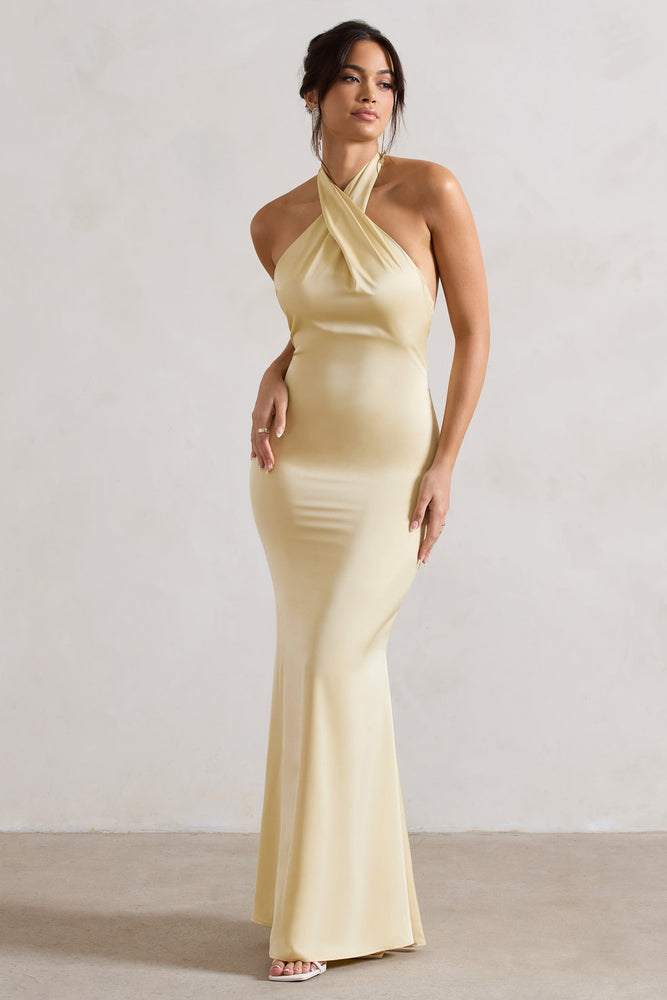 Unbeatable Lemon Satin Cross Over Halter-Neck Maxi Dress – Club L