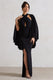 Audrina | Black Ruched Halter-Neck Split Maxi Dress With Cape - Club L London - AUS